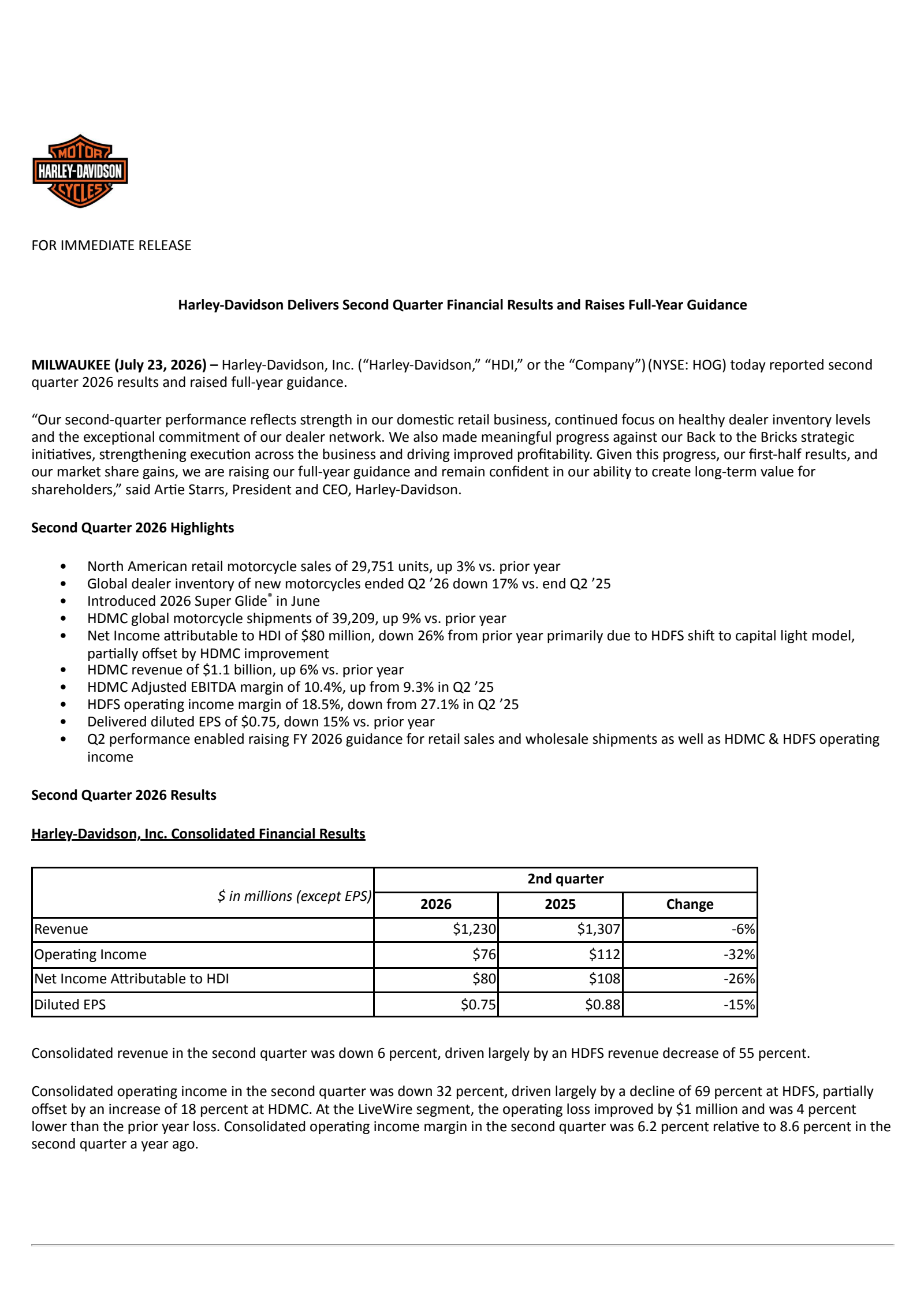 Harley-Davidson's Q2 2026 Press Release