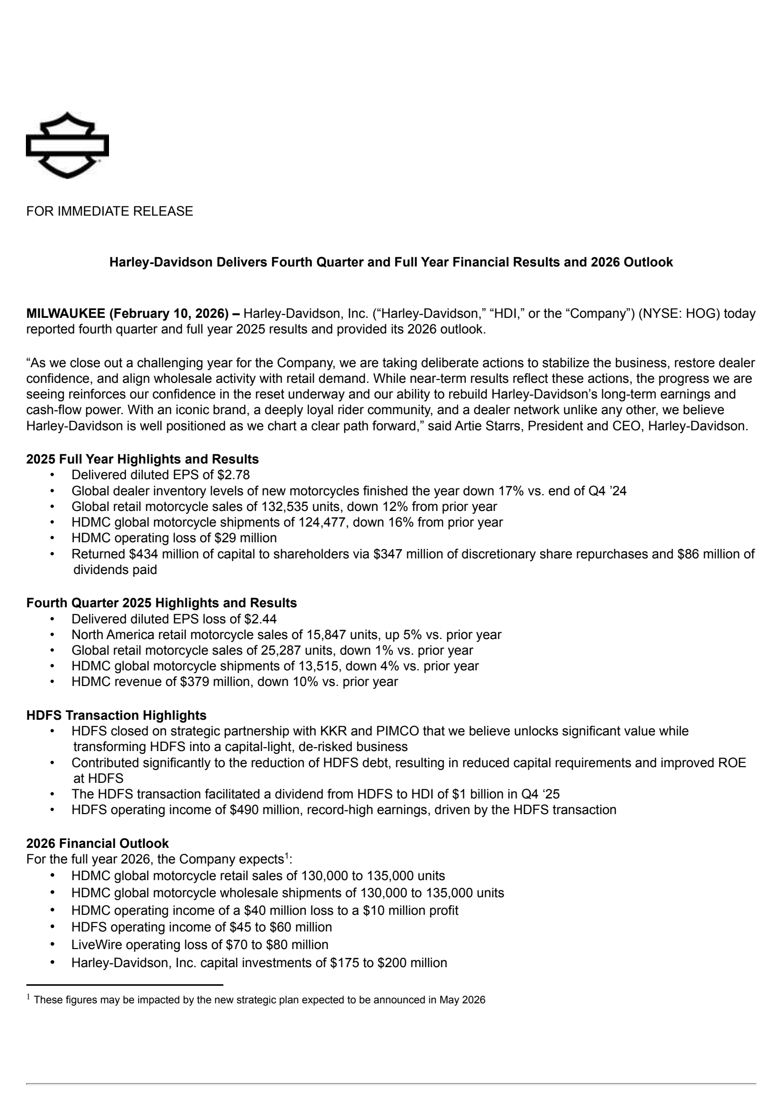Harley-Davidson's Q4 2025 Press Release
