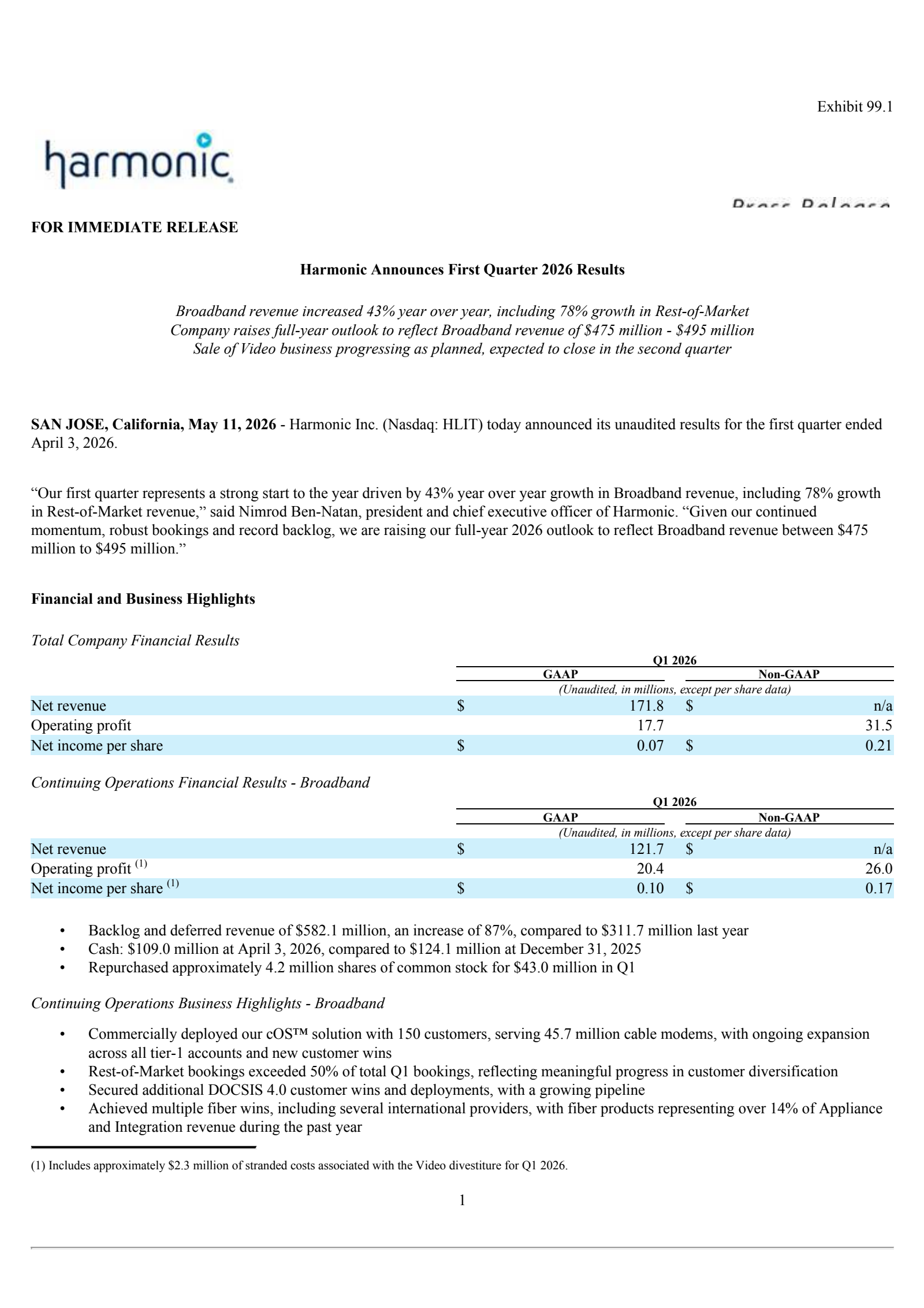 Harmonic's Q1 2026 Press Release
