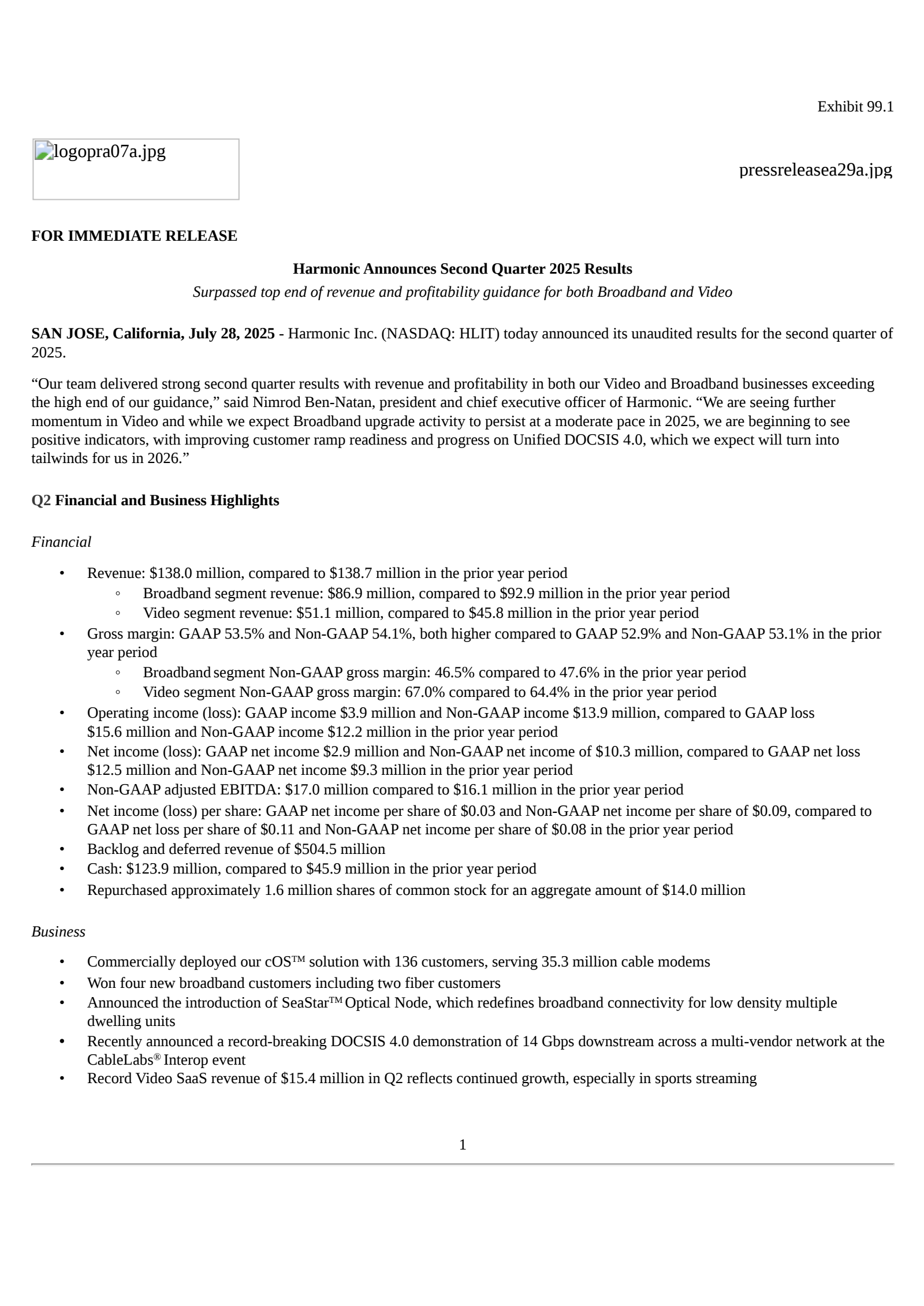 Harmonic's Q2 2025 Press Release