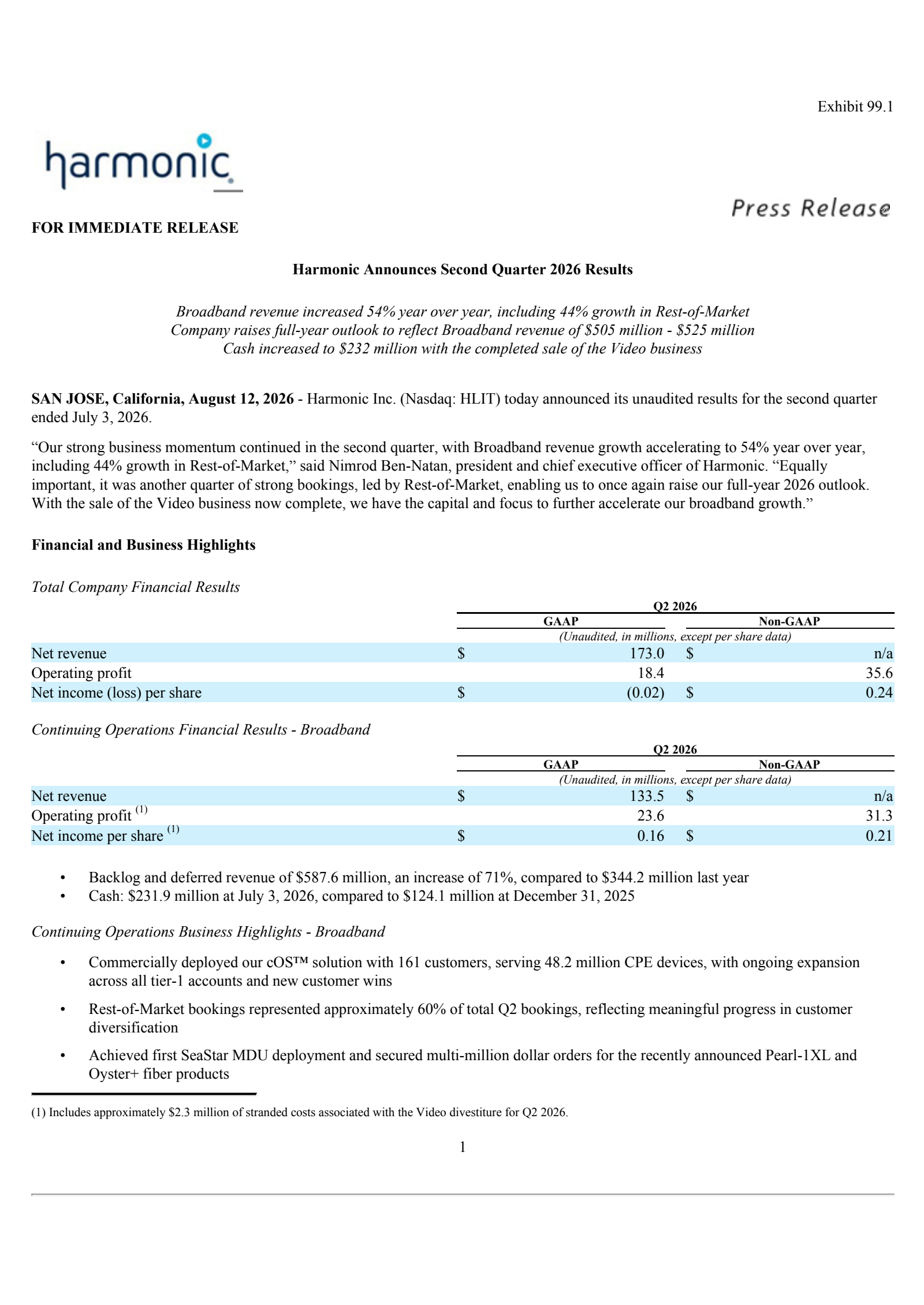 Harmonic's Q2 2026 Press Release