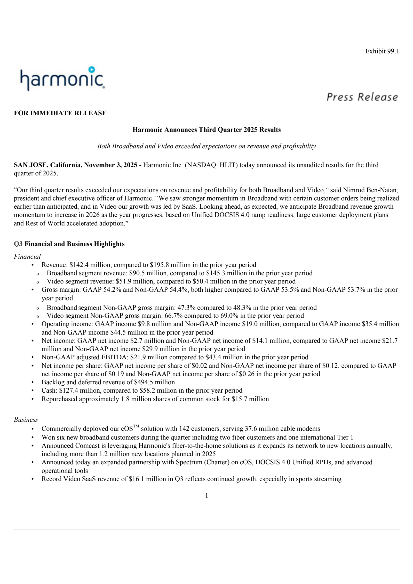 Harmonic's Q3 2025 Earnings Release