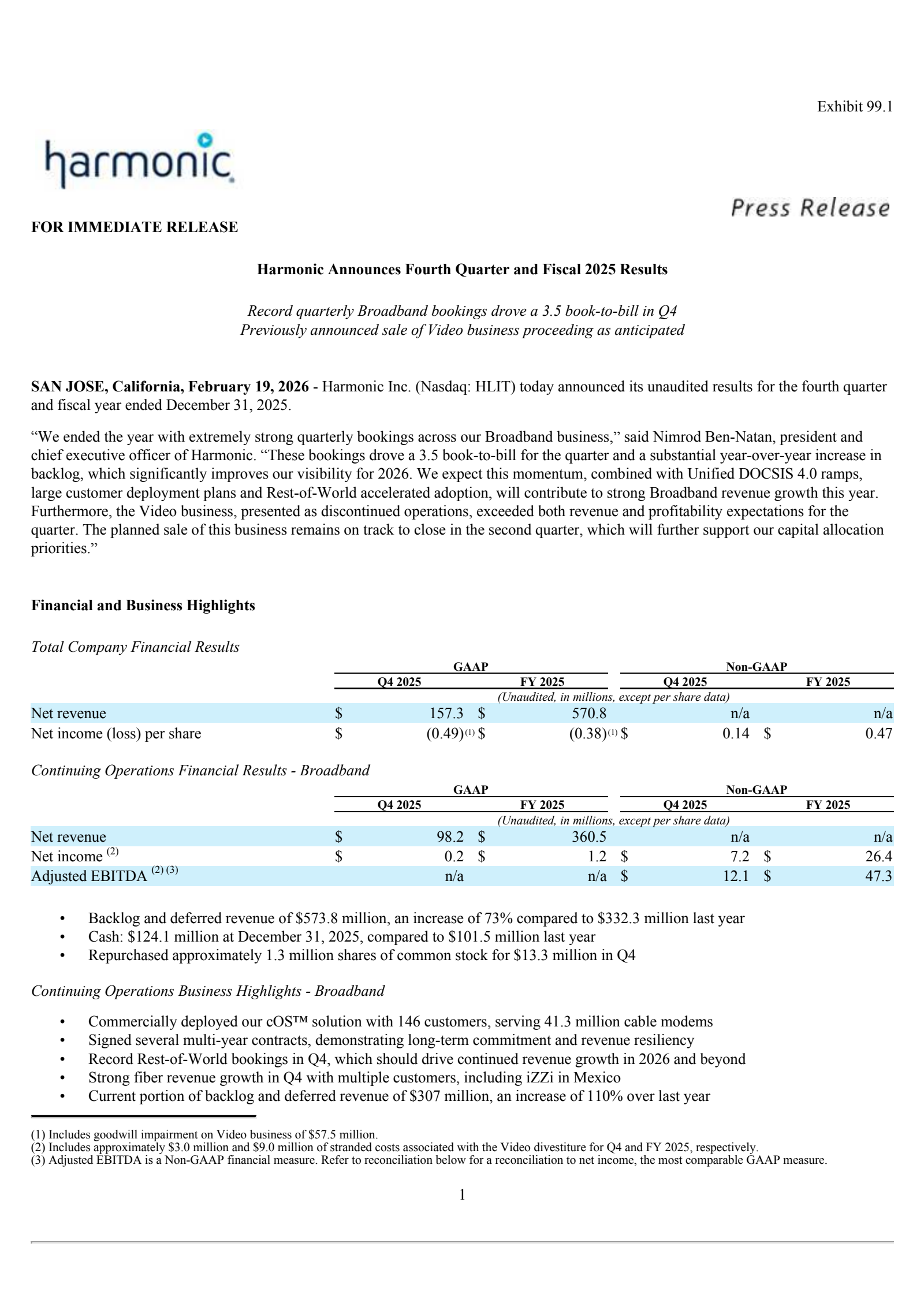 Harmonic's Q4 2025 Press Release