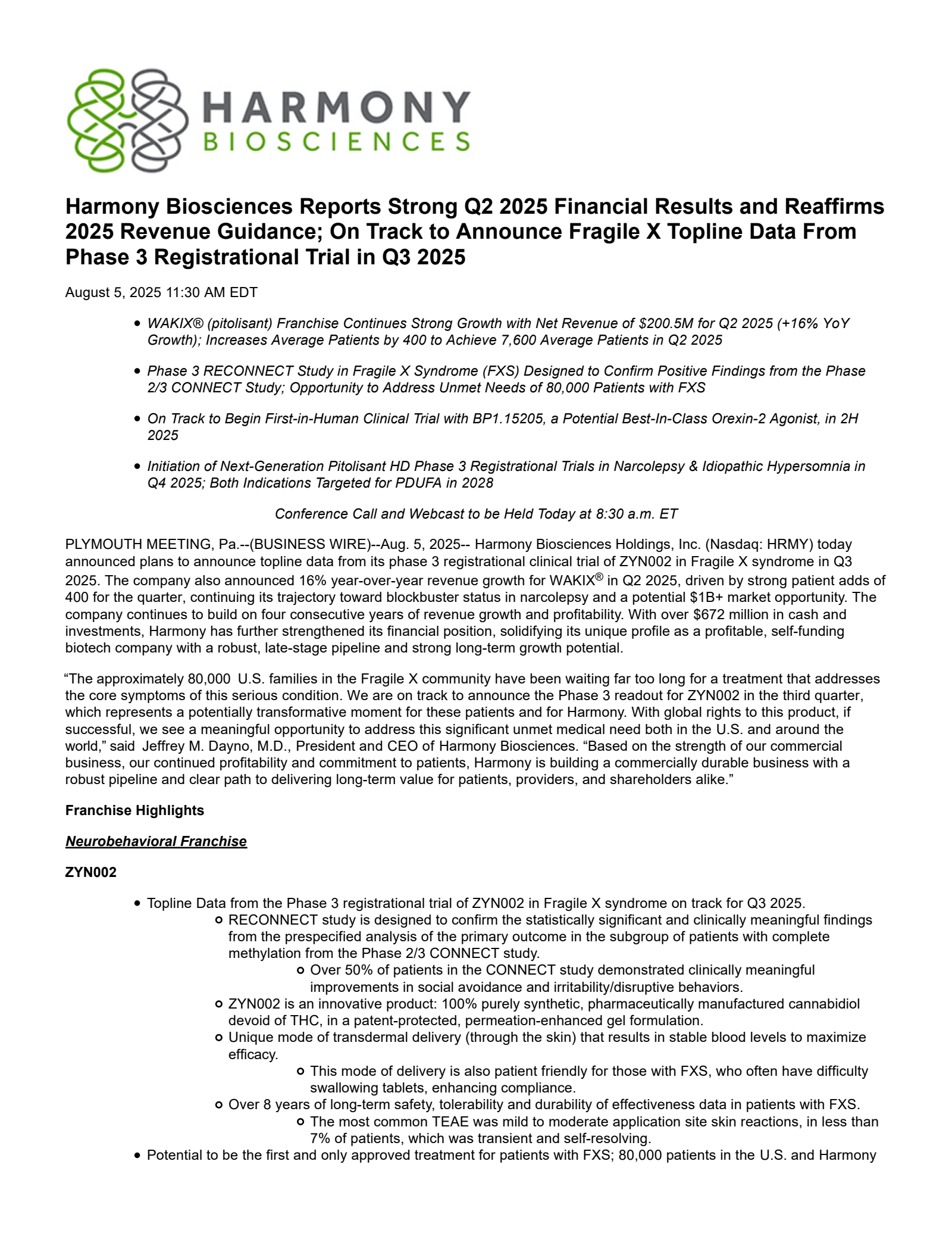 Harmony Biosciences' Q2 2025 Press Release