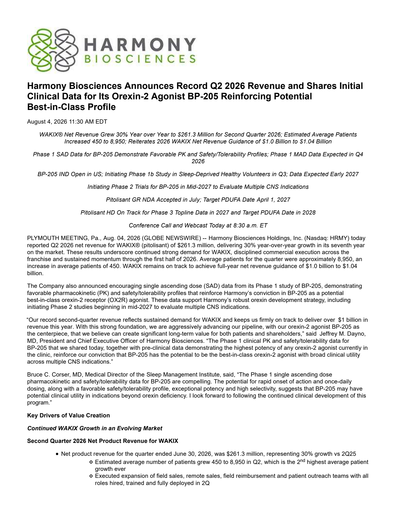 Harmony Biosciences' Q2 2026 Press Release
