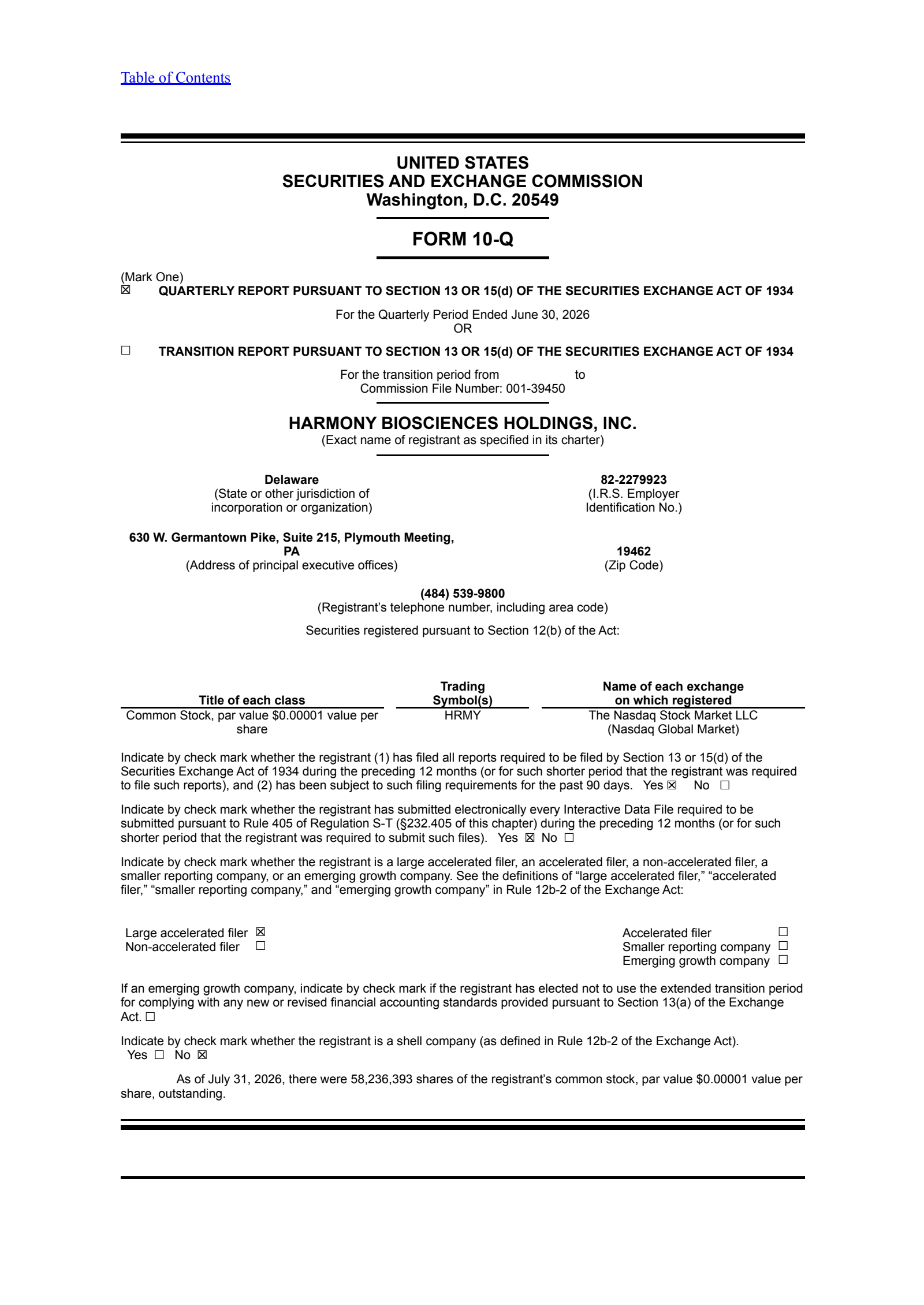 Harmony Biosciences' Q2 2026 Quarterly report