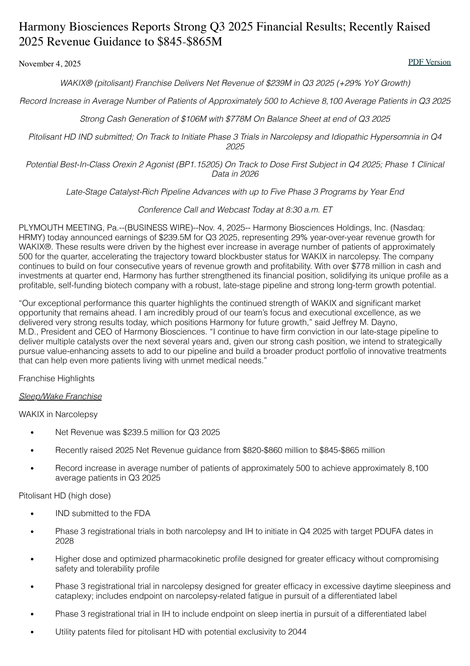 Harmony Biosciences' Q3 2025 Earnings Release