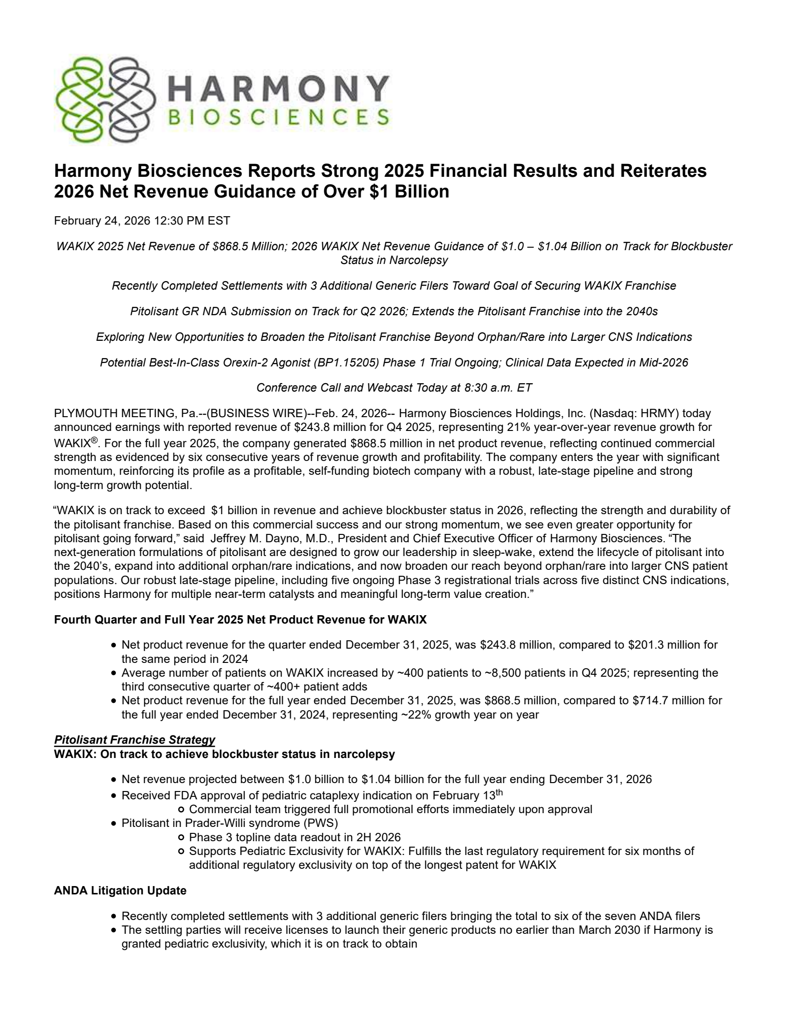 Harmony Biosciences' Q4 2025 Press Release