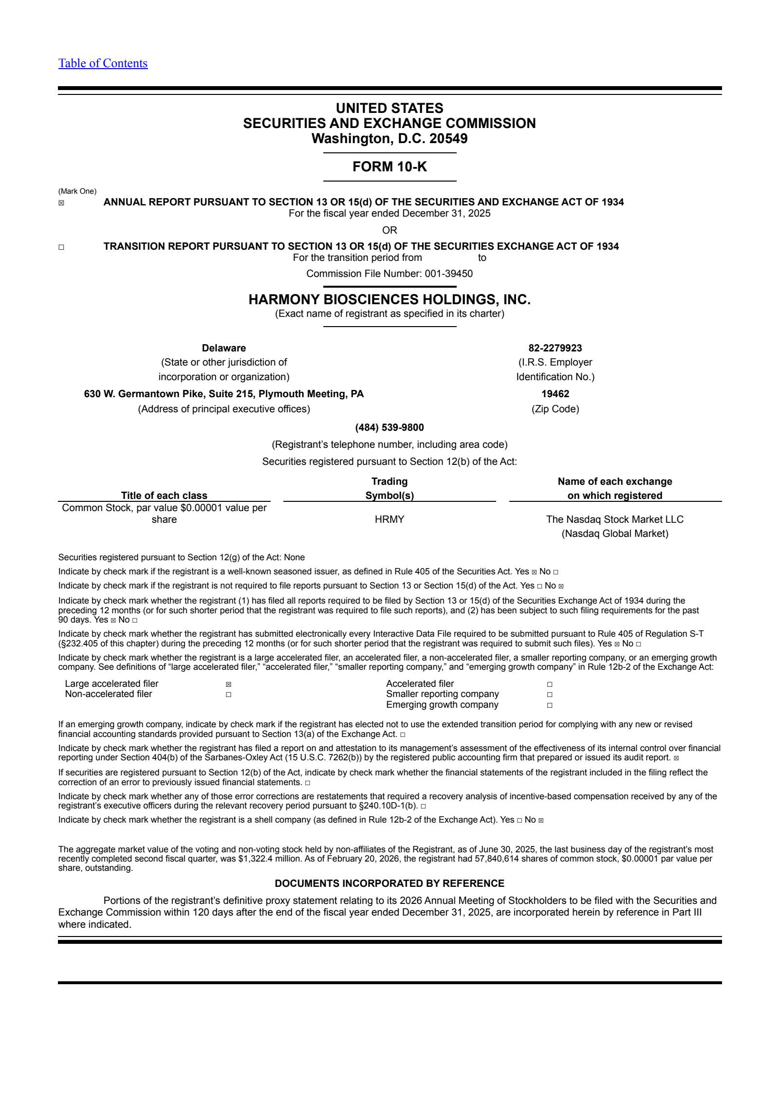 Harmony Biosciences' Q4 2025 Annual report