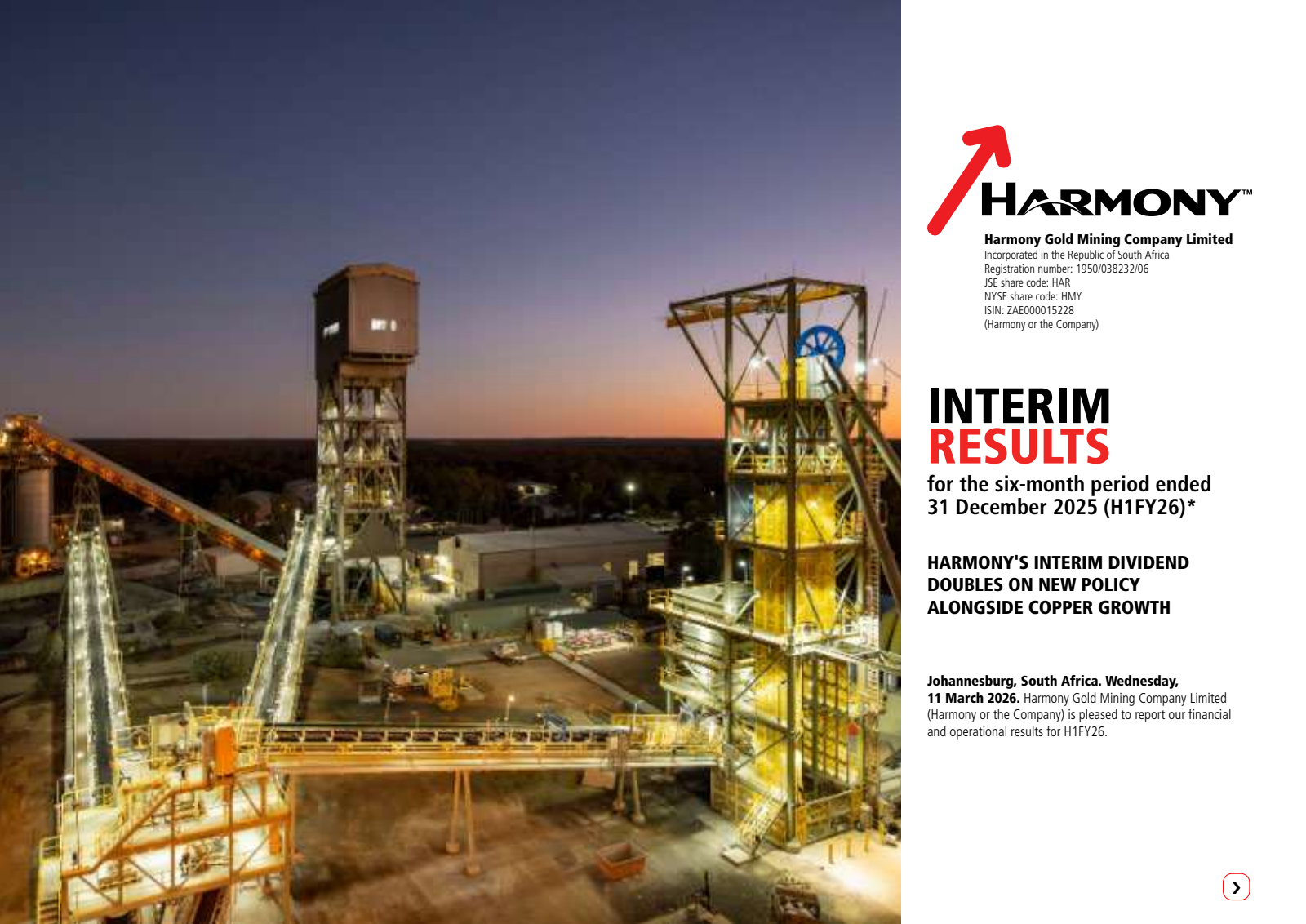 Harmony Gold Mining's H1 2026 (Media) Interim report