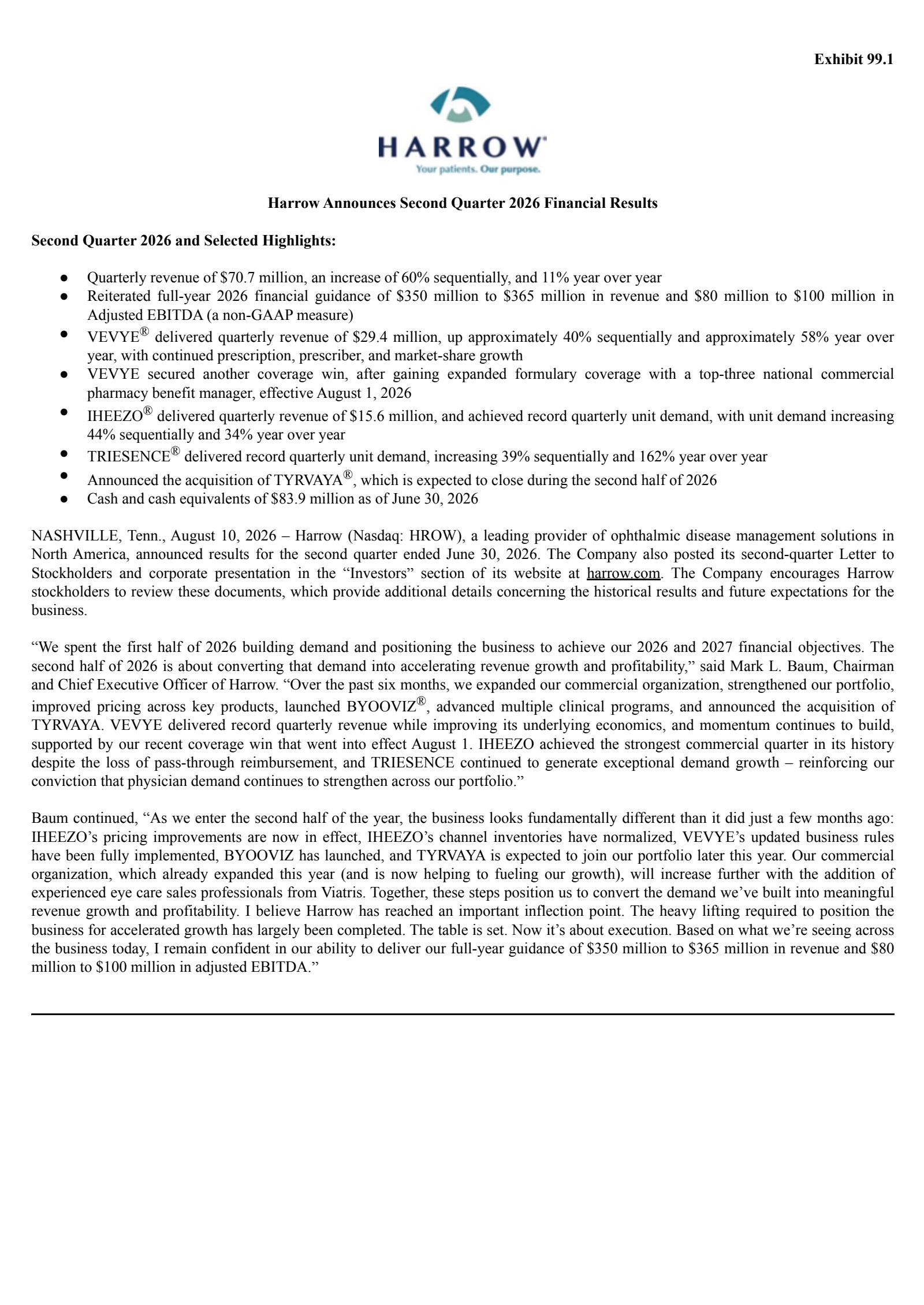Harrow's Q2 2026 Press Release