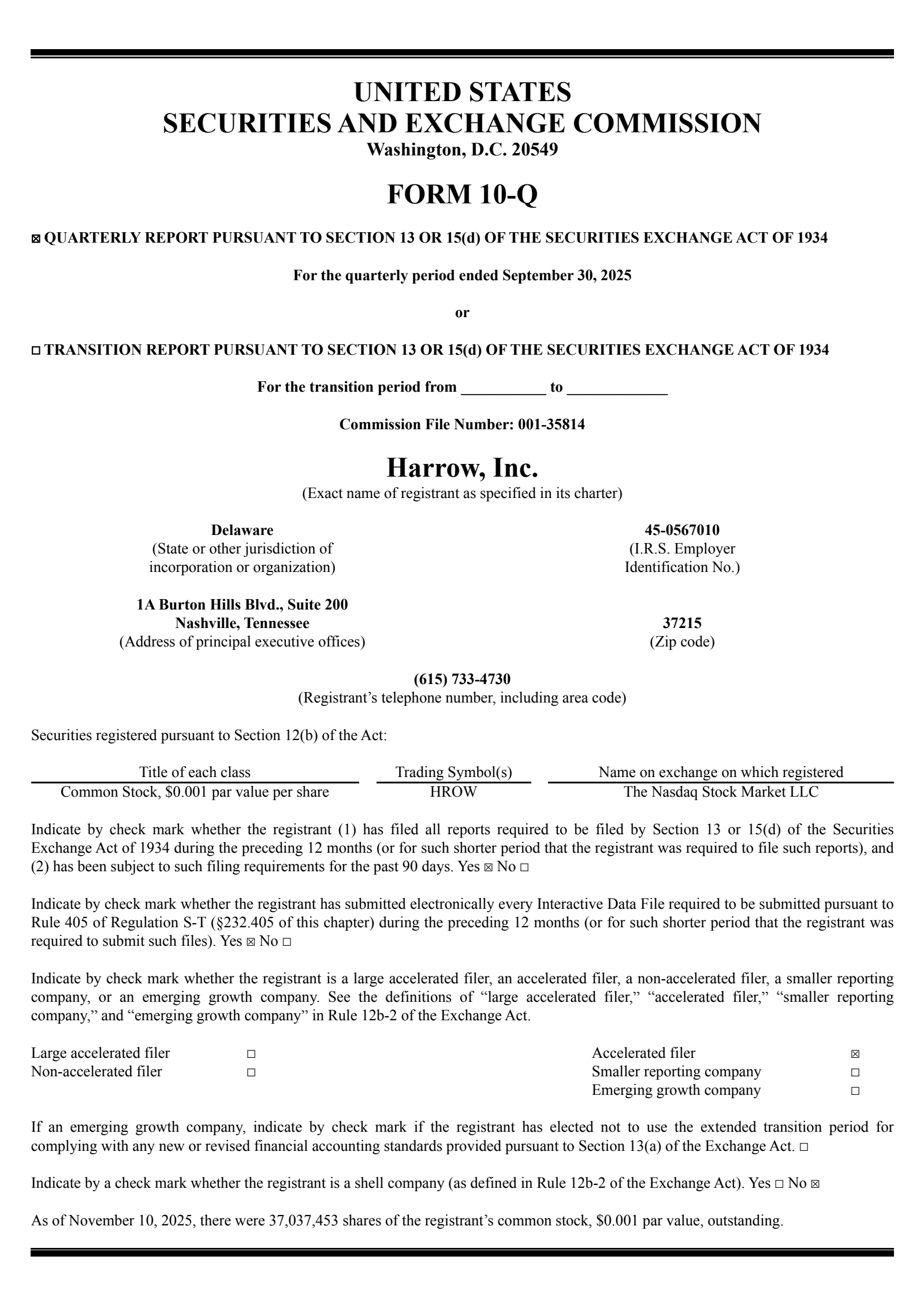 Harrow's Q3 2025 Quarterly Report