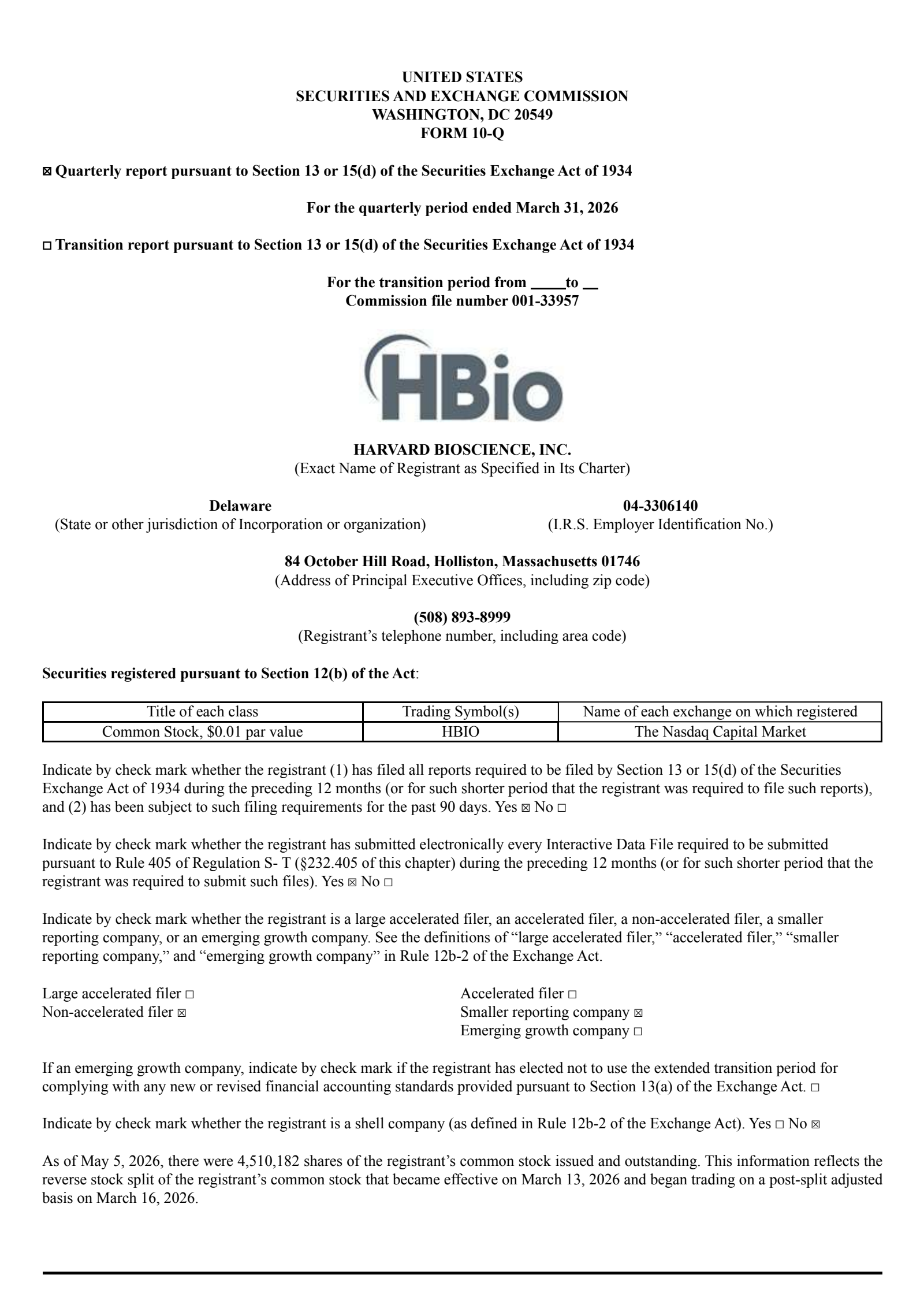 Harvard Bioscience's Q1 2026 Quarterly report
