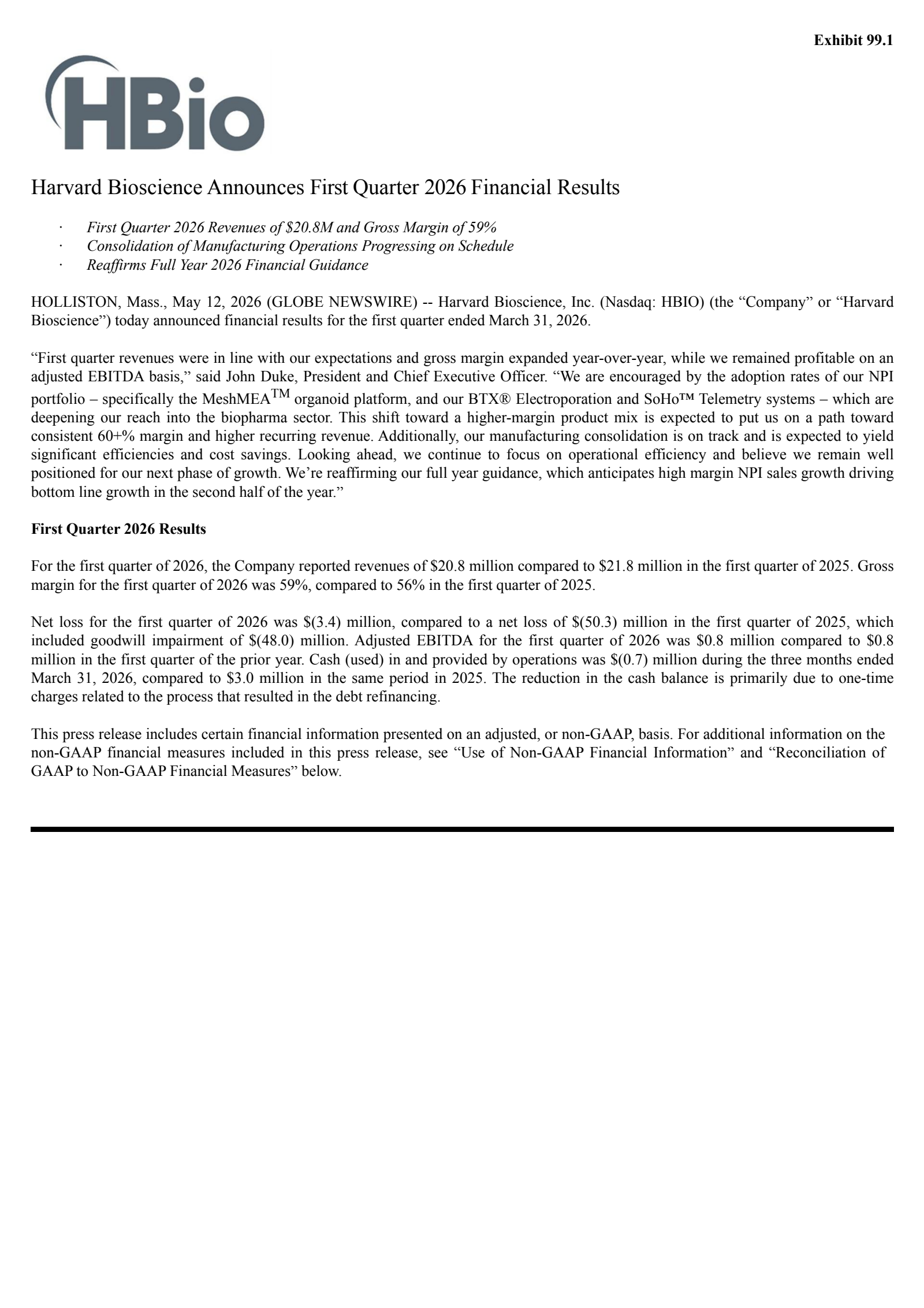 Harvard Bioscience's Q1 2026 Press Release