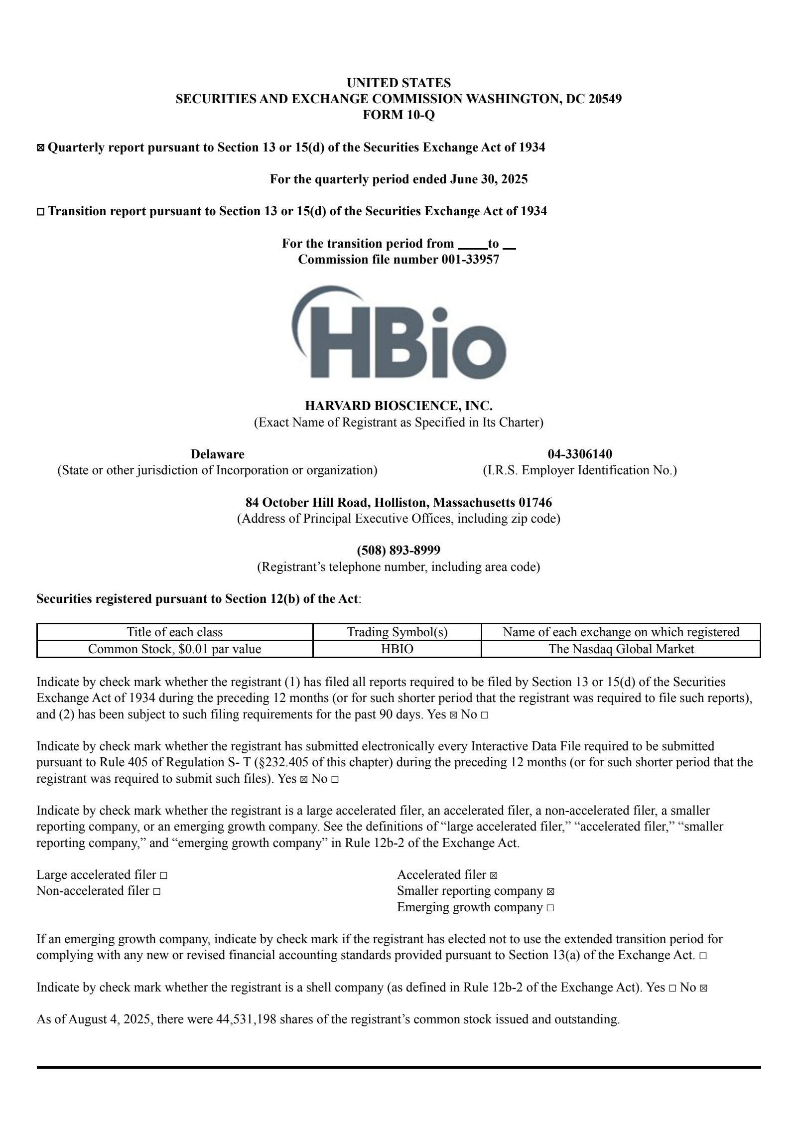 Hbs Report HBIO Q2 2025 Earnings Report on 8/11/2025