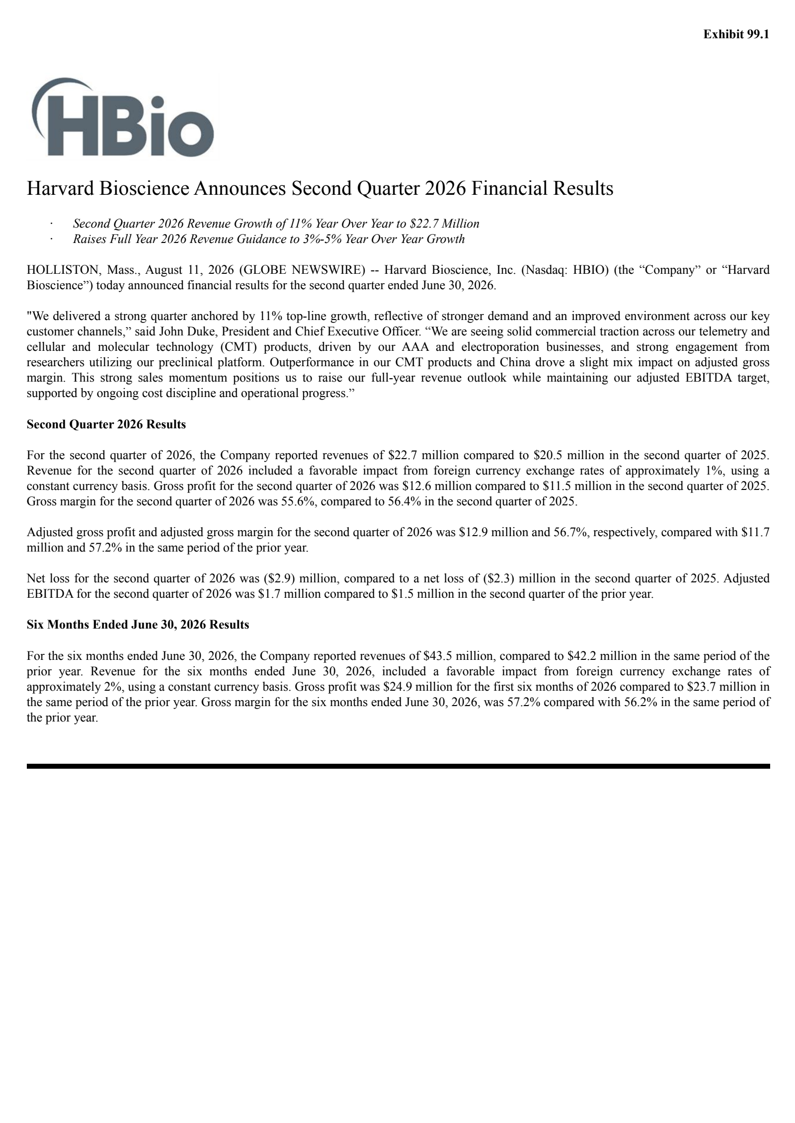 Harvard Bioscience's Q2 2026 Press Release