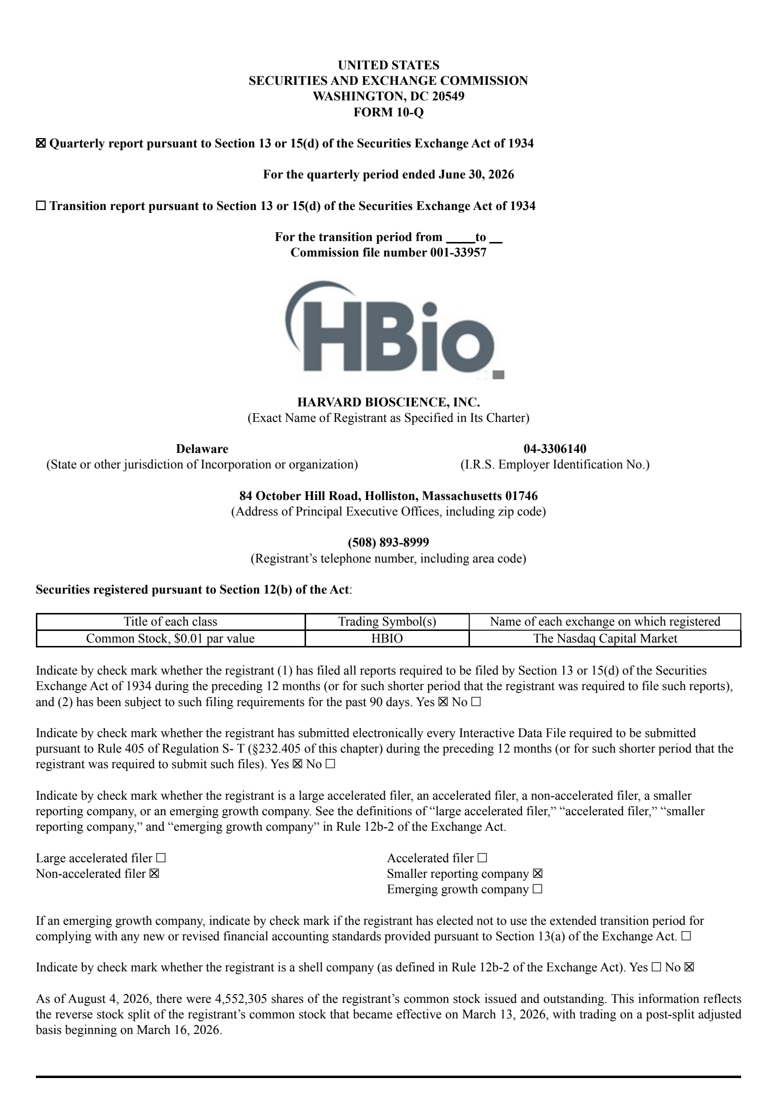Harvard Bioscience's Q2 2026 Quarterly report