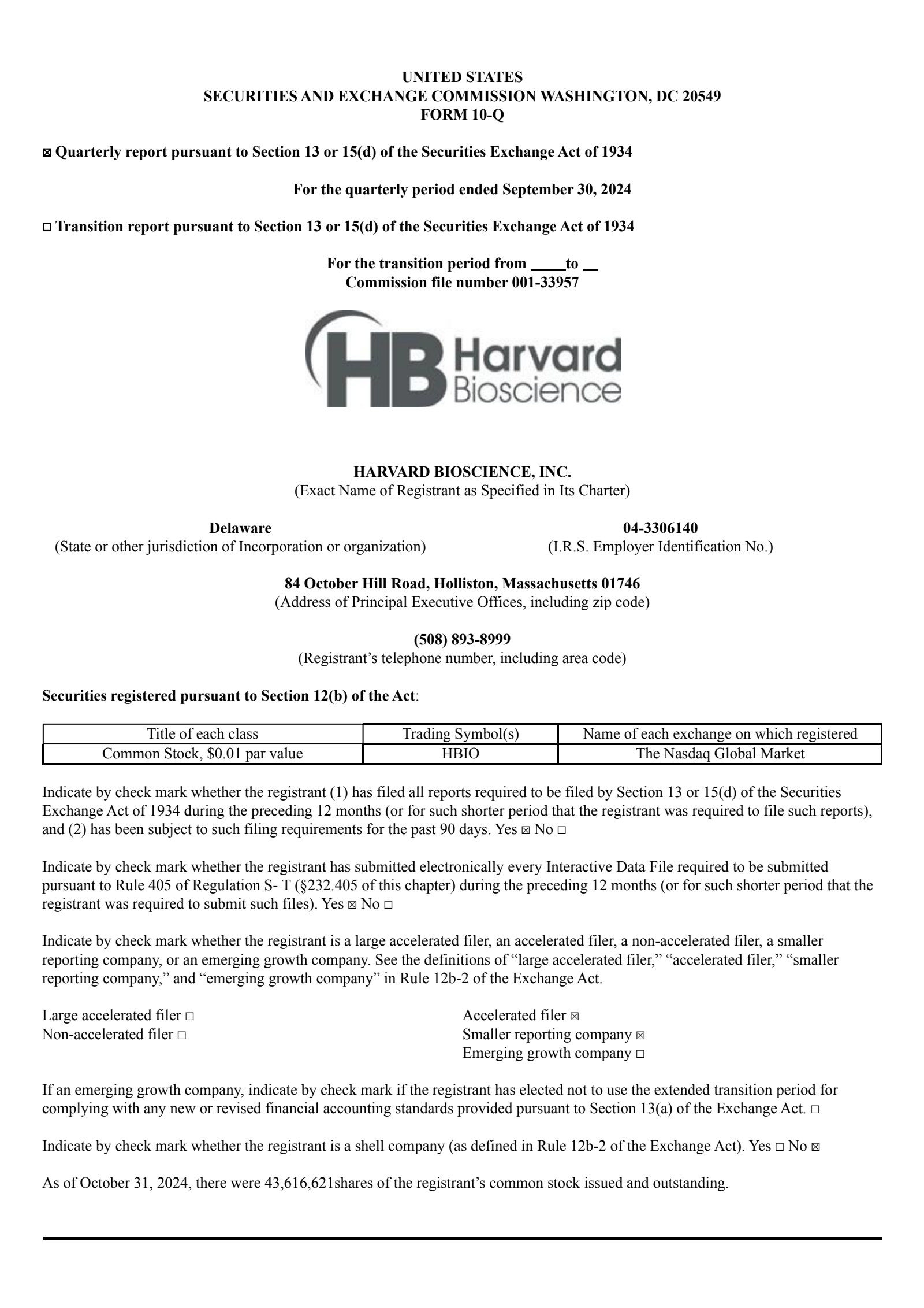 Harvard Bioscience's Q3 2024 Quarterly report