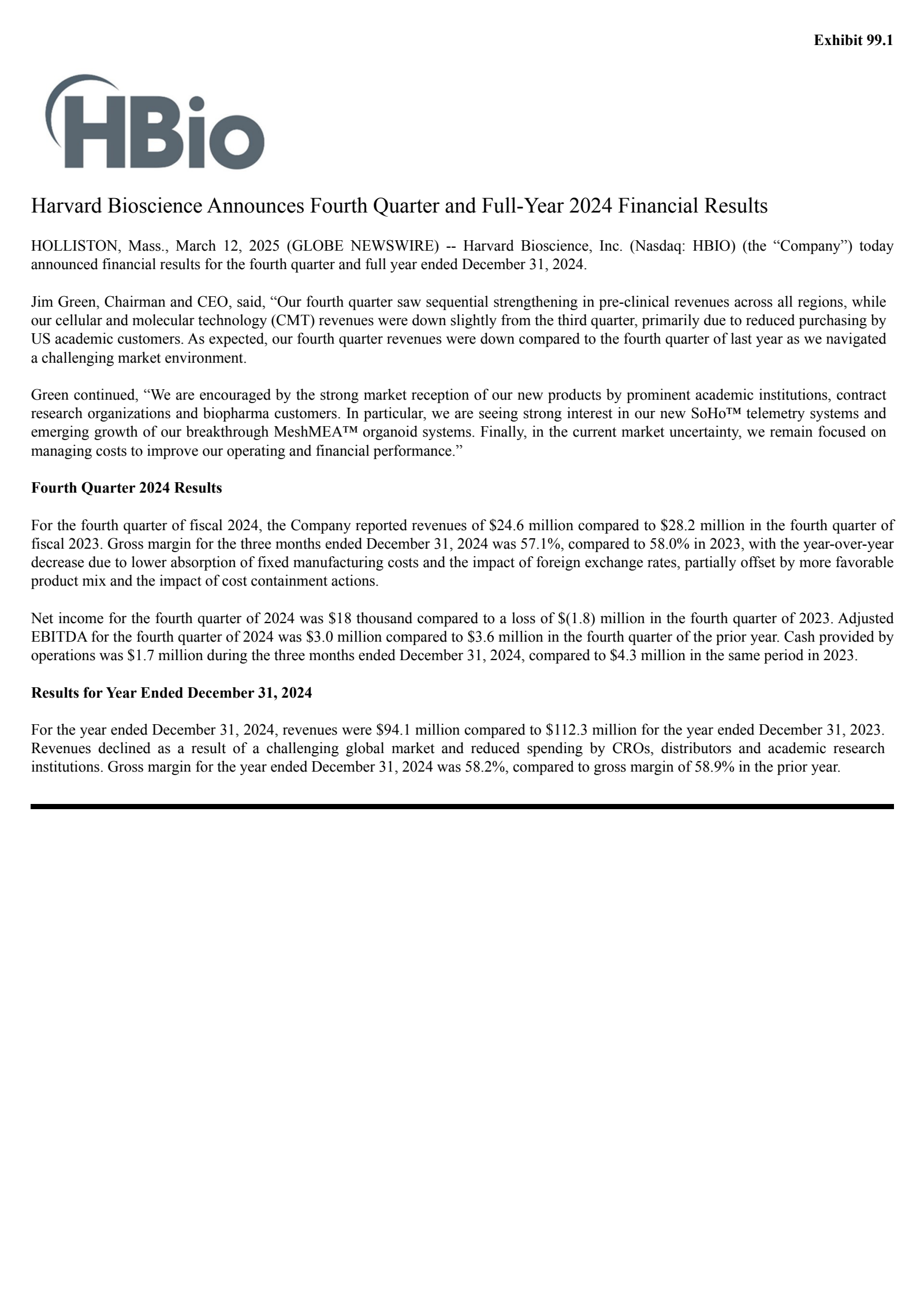 Harvard Bioscience's Q4 2024 Press Release