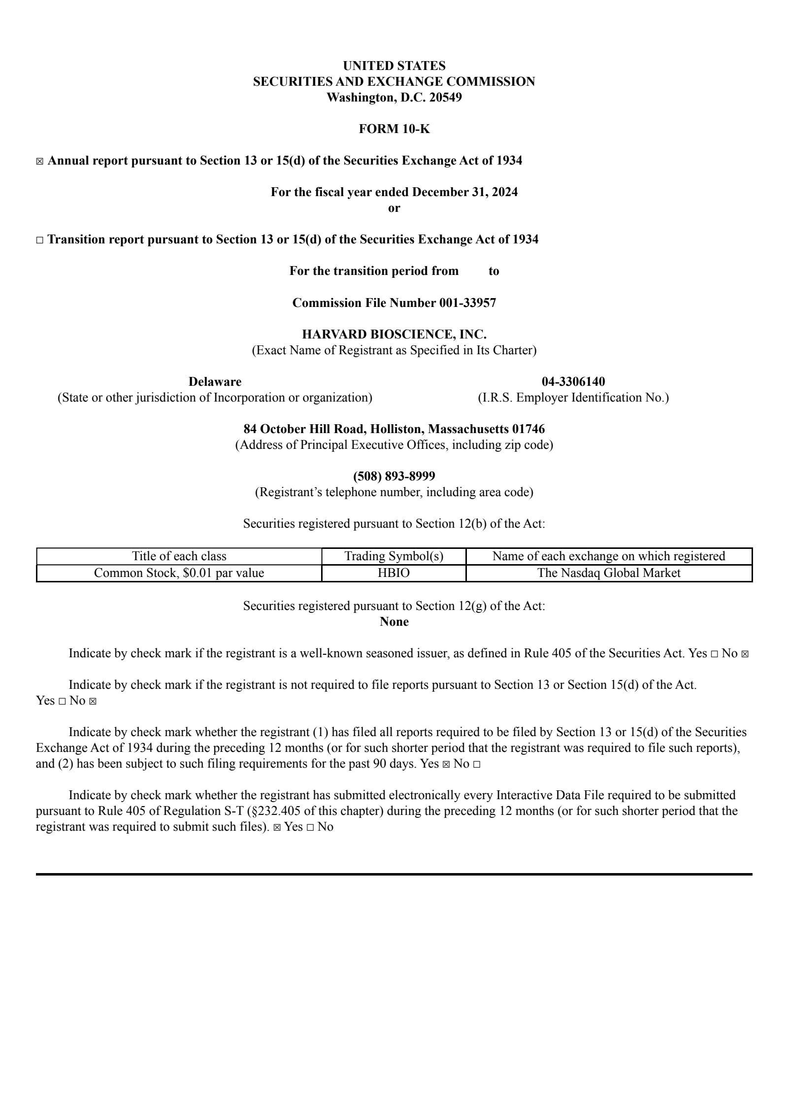 Harvard Bioscience's Q4 2024 Annual report