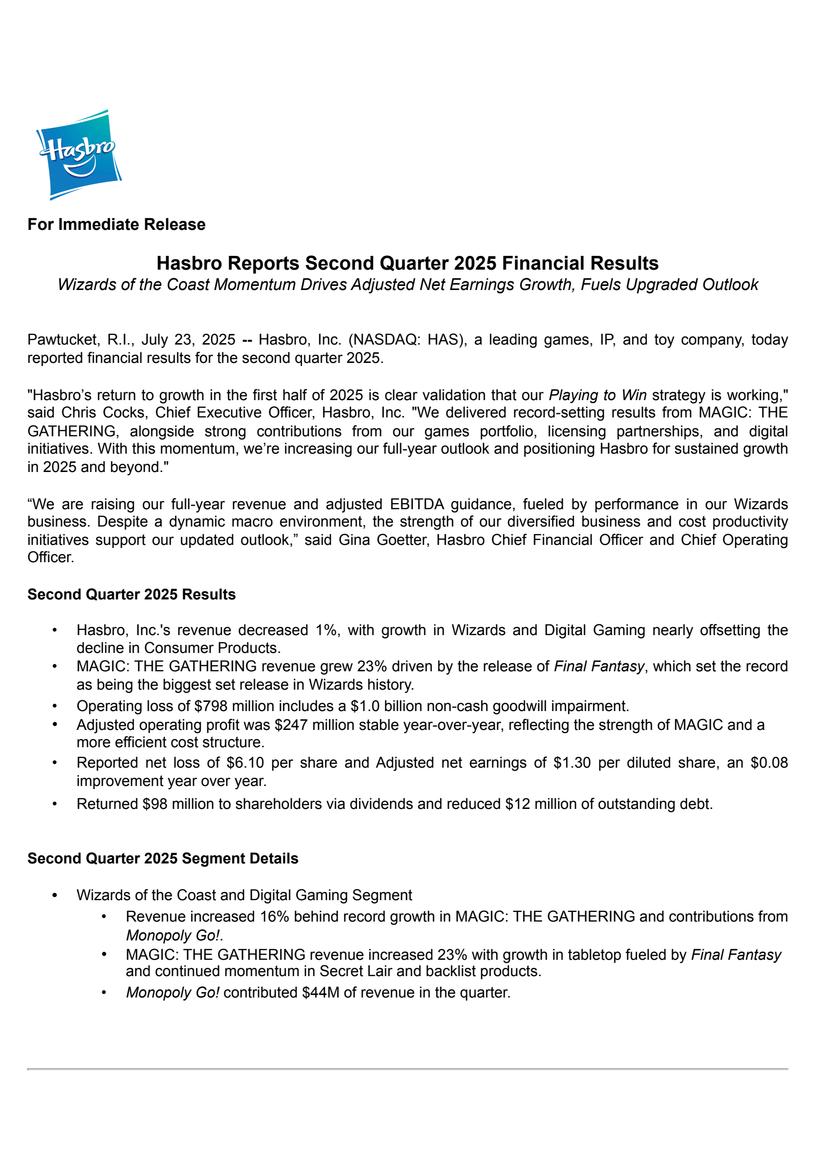 Hasbro's Q2 2025 Press Release