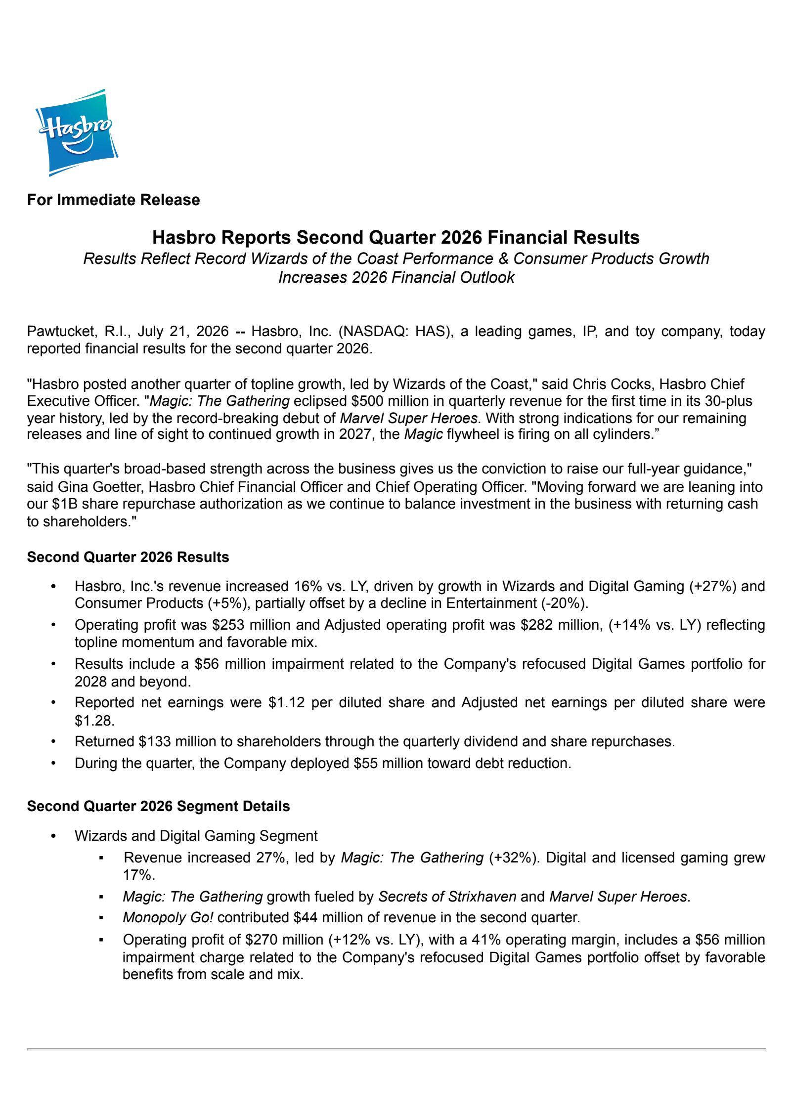 Hasbro's Q2 2026 Press Release