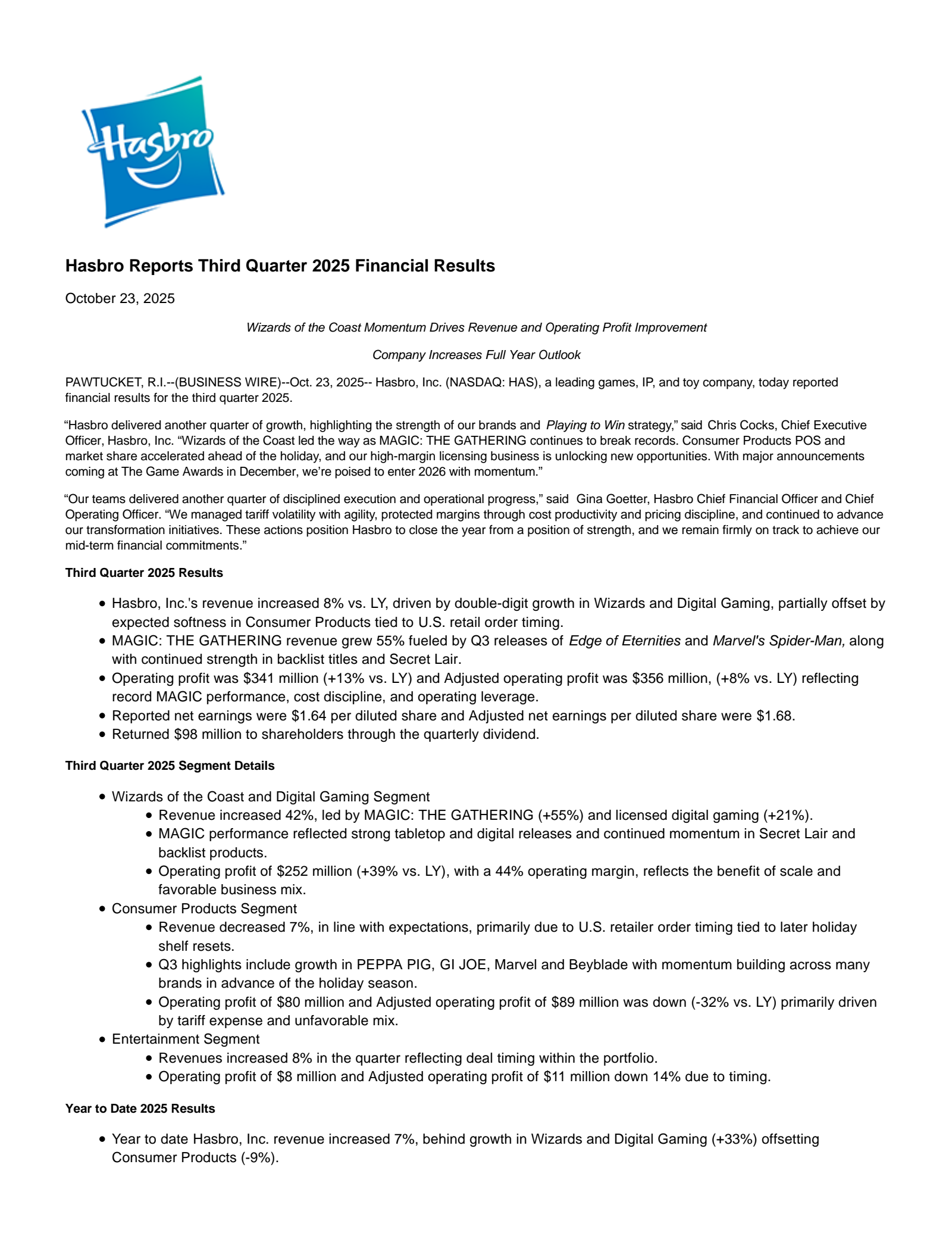 Hasbro's Q3 2025 Earnings Release