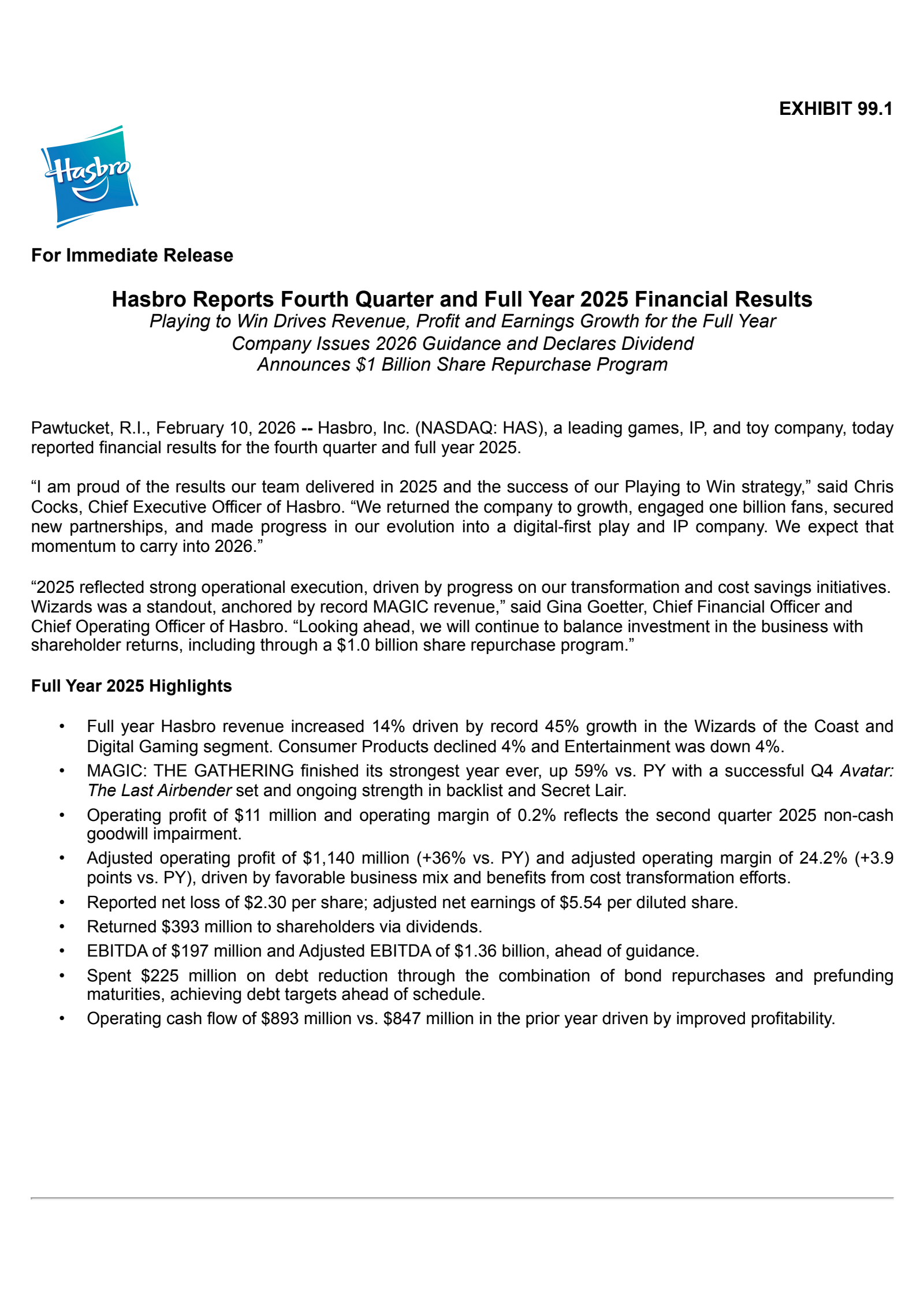 Hasbro's Q4 2025 Press Release