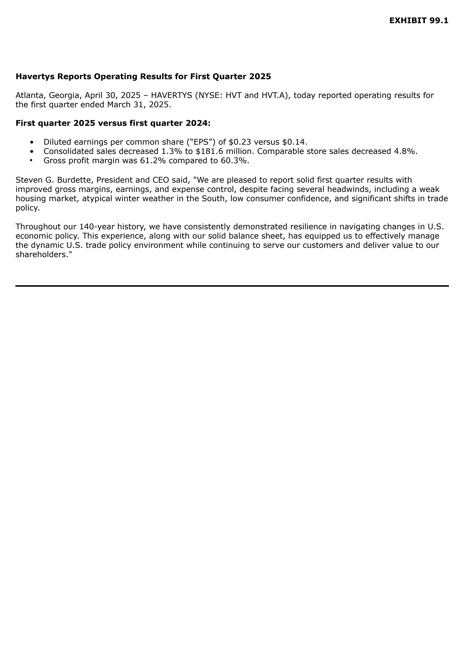 Haverty Furniture Companies' Q1 2025 Press Release