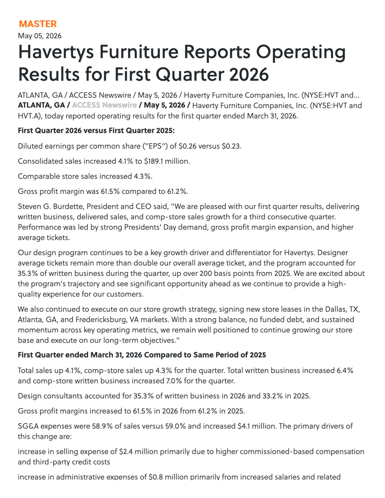 Haverty Furniture Companies' Q1 2026 Press Release