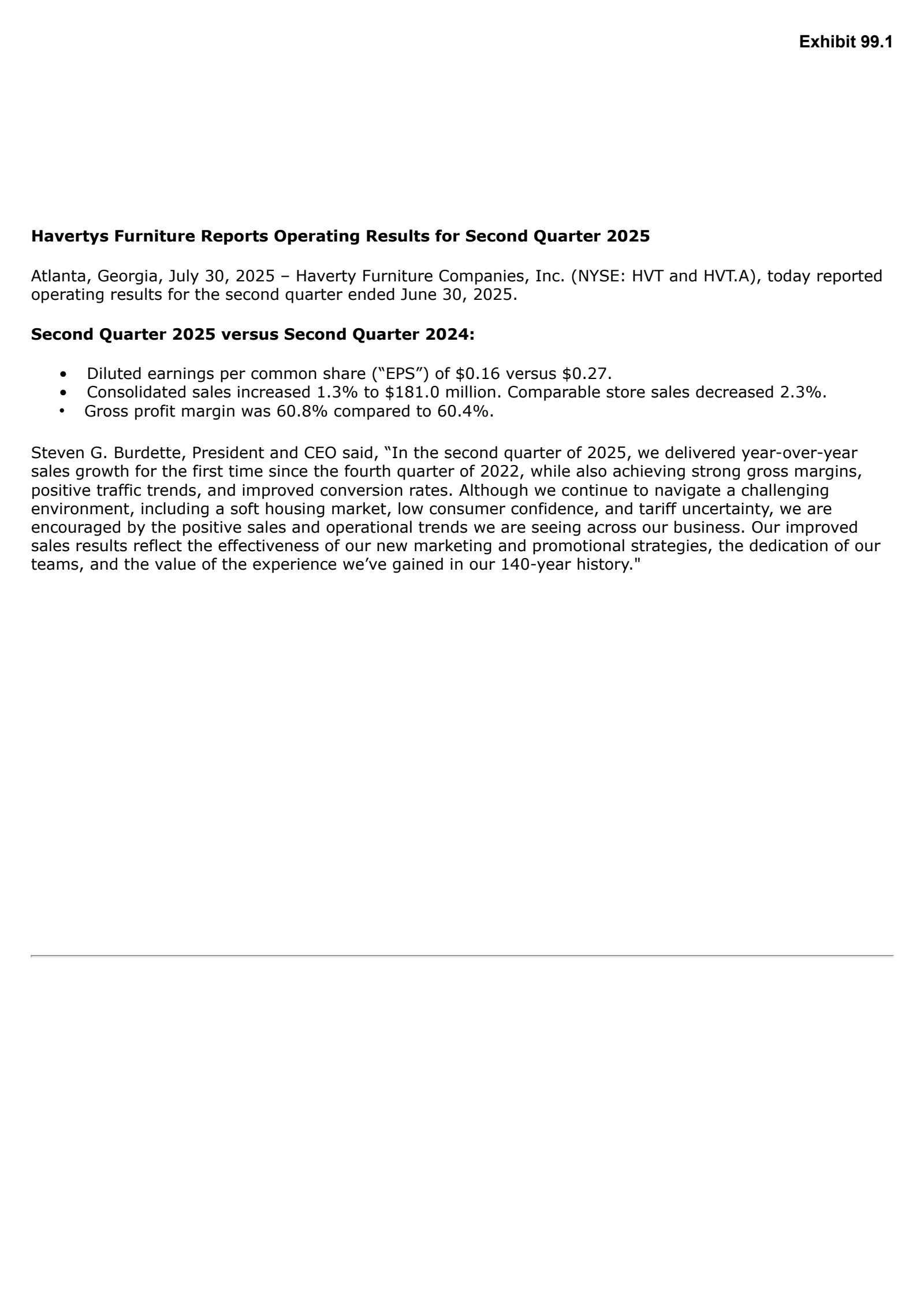 Haverty Furniture Companies' Q2 2025 Press Release