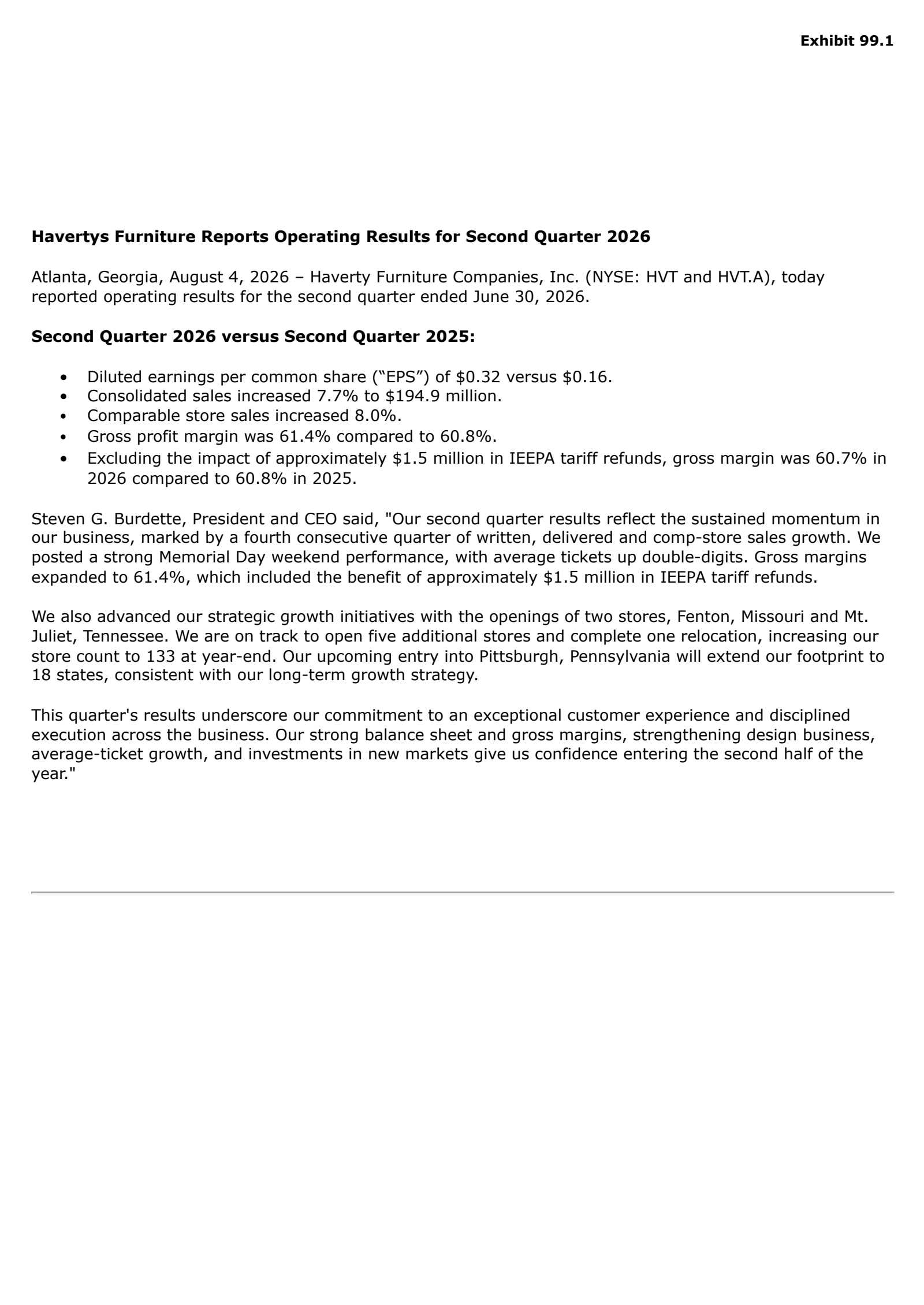 Haverty Furniture Companies' Q2 2026 Press Release