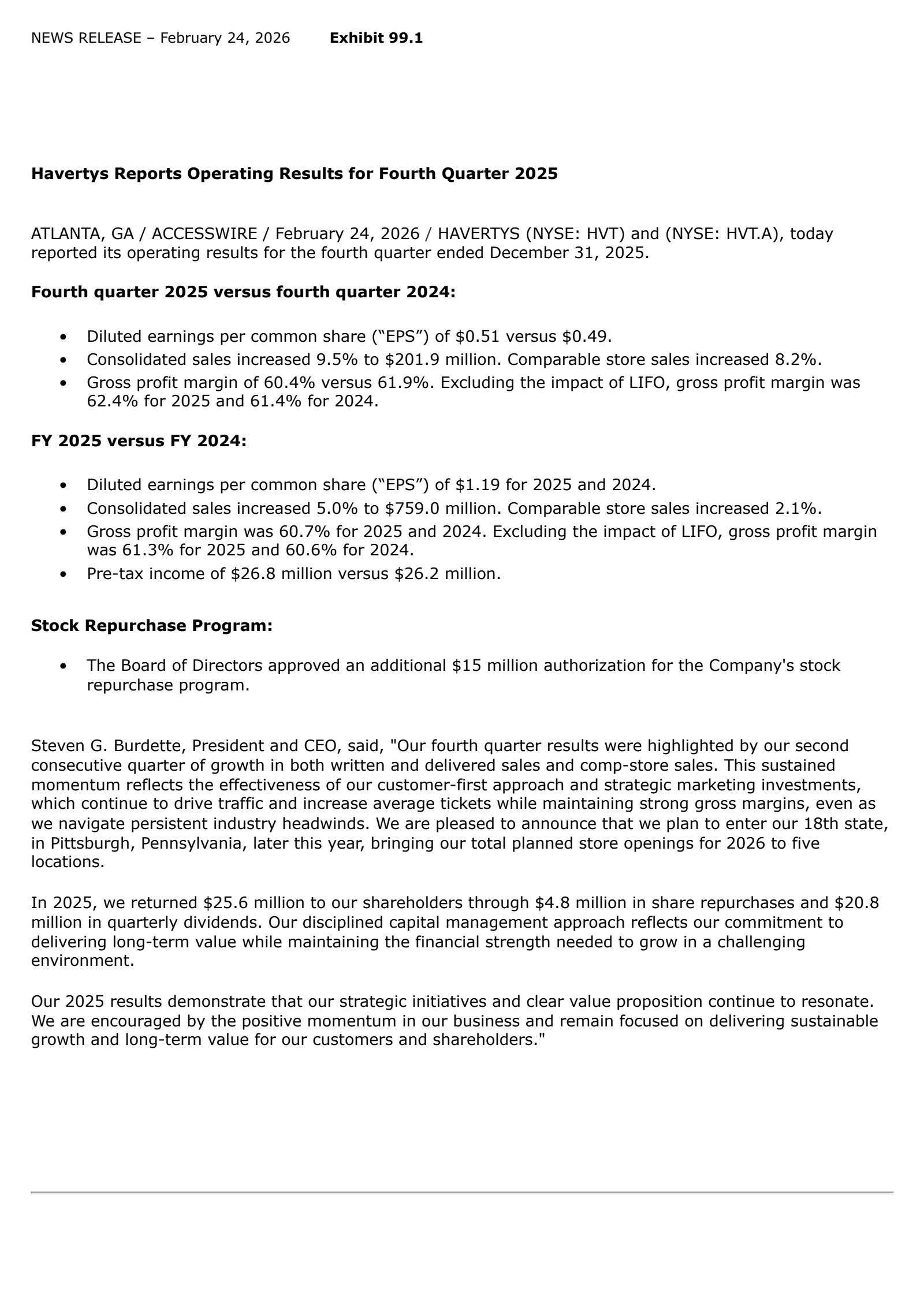Haverty Furniture Companies' Q4 2025 Press Release