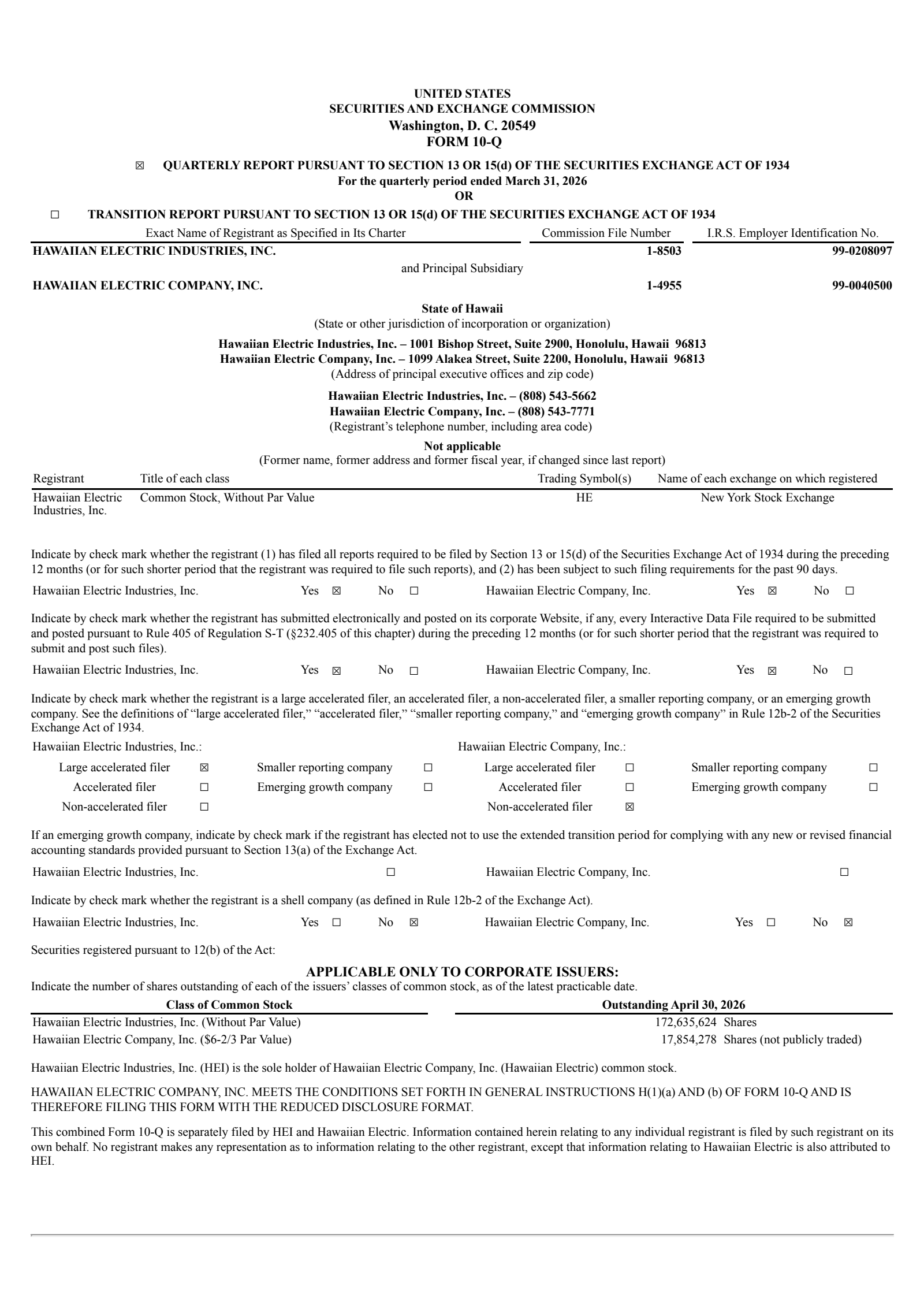 Hawaiian Electric Industries' Q1 2026 Quarterly report