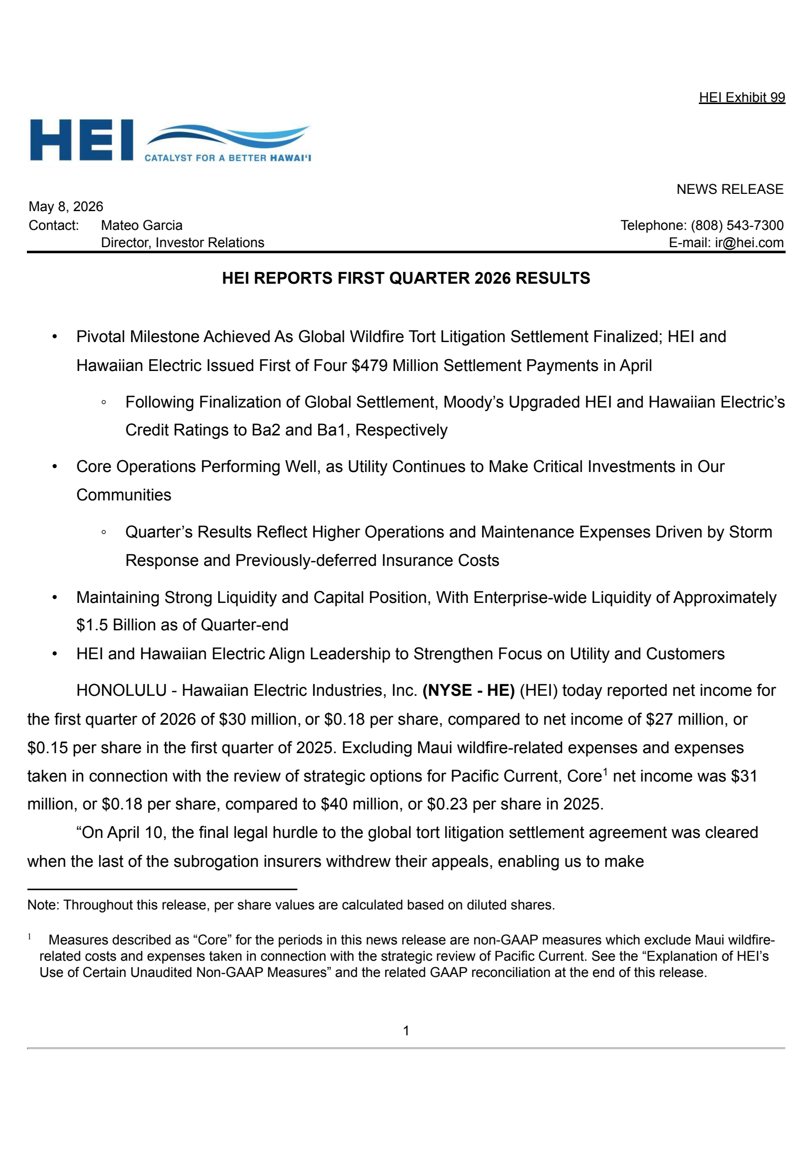 Hawaiian Electric Industries' Q1 2026 Press Release