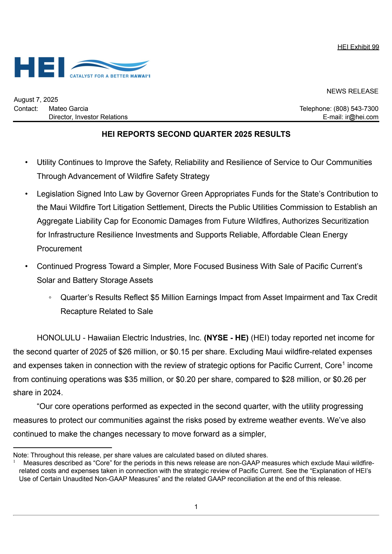 Hawaiian Electric Industries' Q2 2025 Press Release