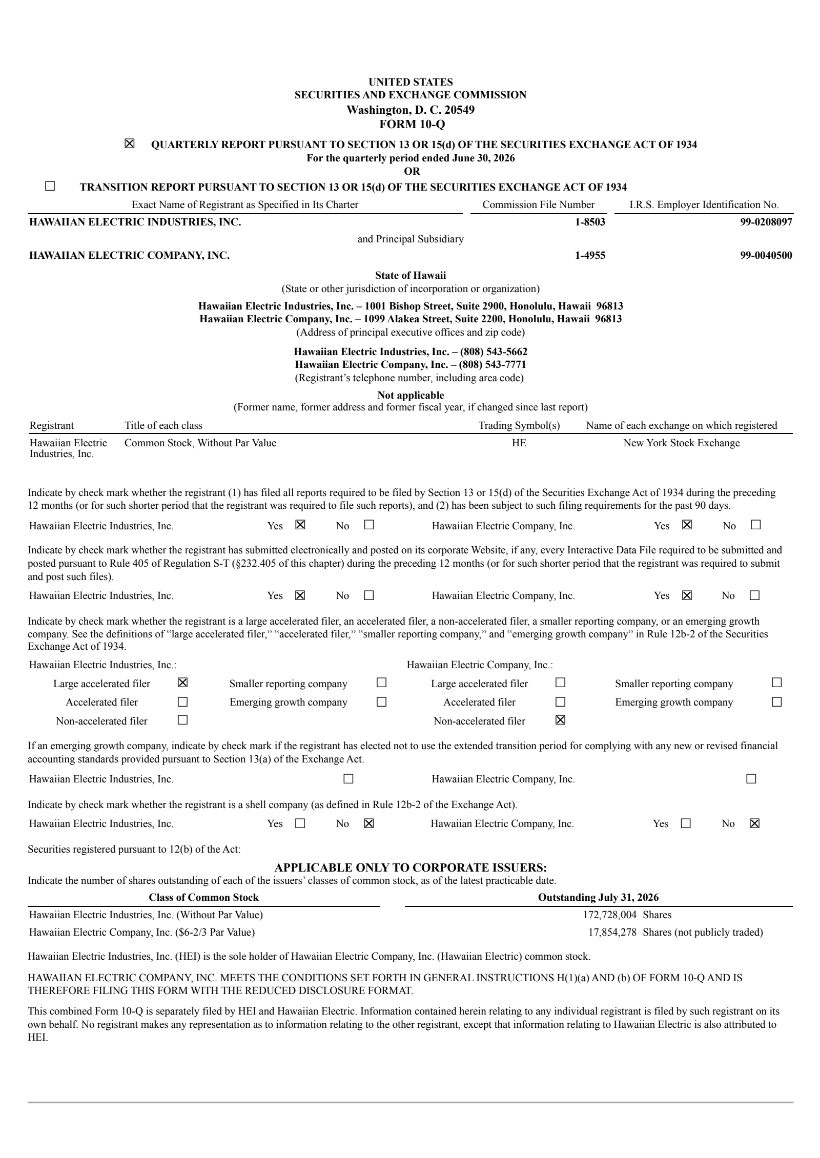 Hawaiian Electric Industries' Q2 2026 Quarterly report