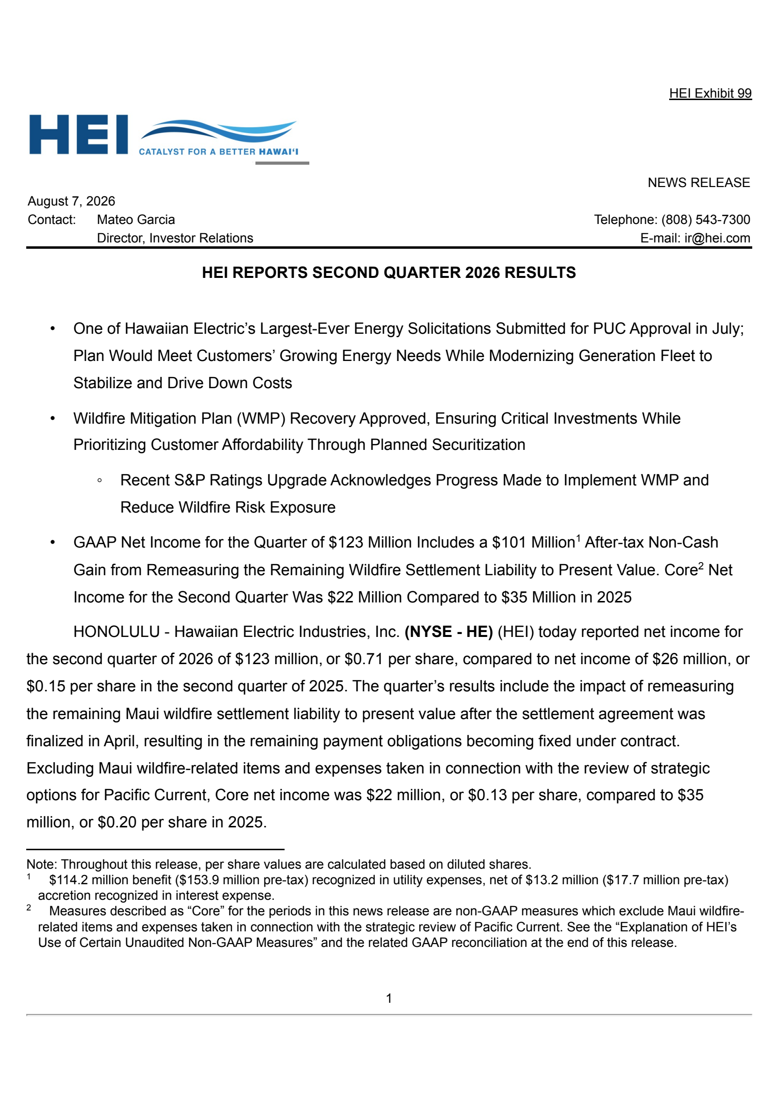 Hawaiian Electric Industries' Q2 2026 Press Release