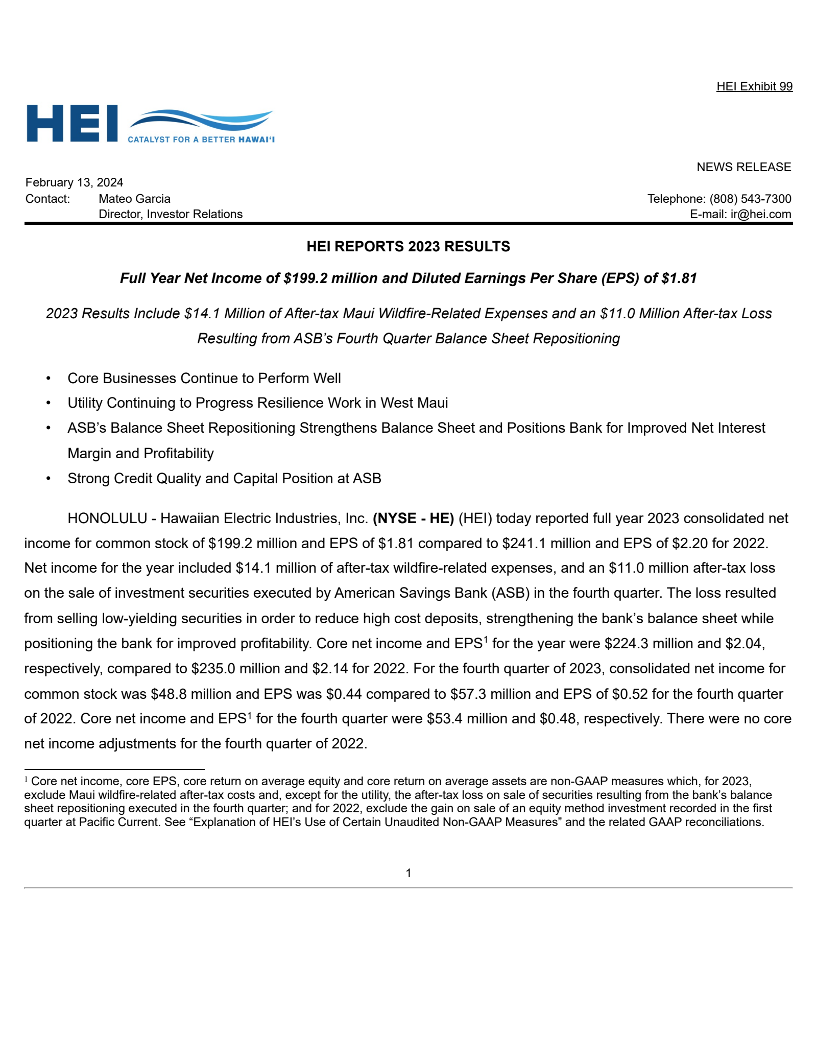 Hawaiian Electric Industries' Q4 2023 Press Release