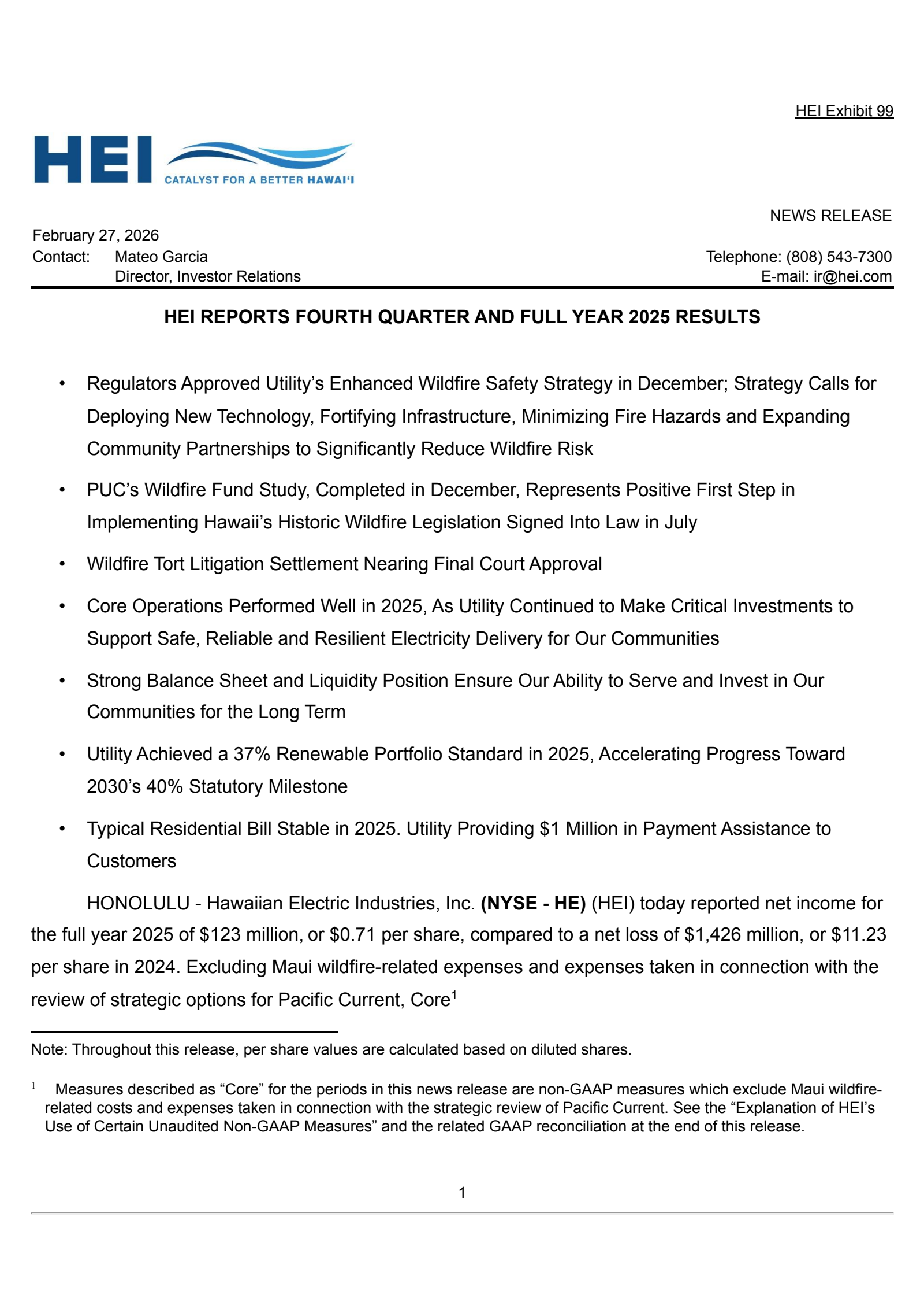 Hawaiian Electric Industries' Q4 2025 Press Release