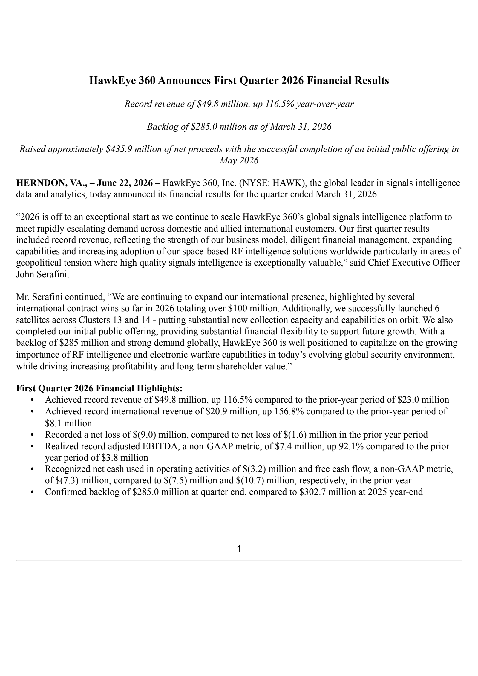 HawkEye 360's Q1 2026 Press Release