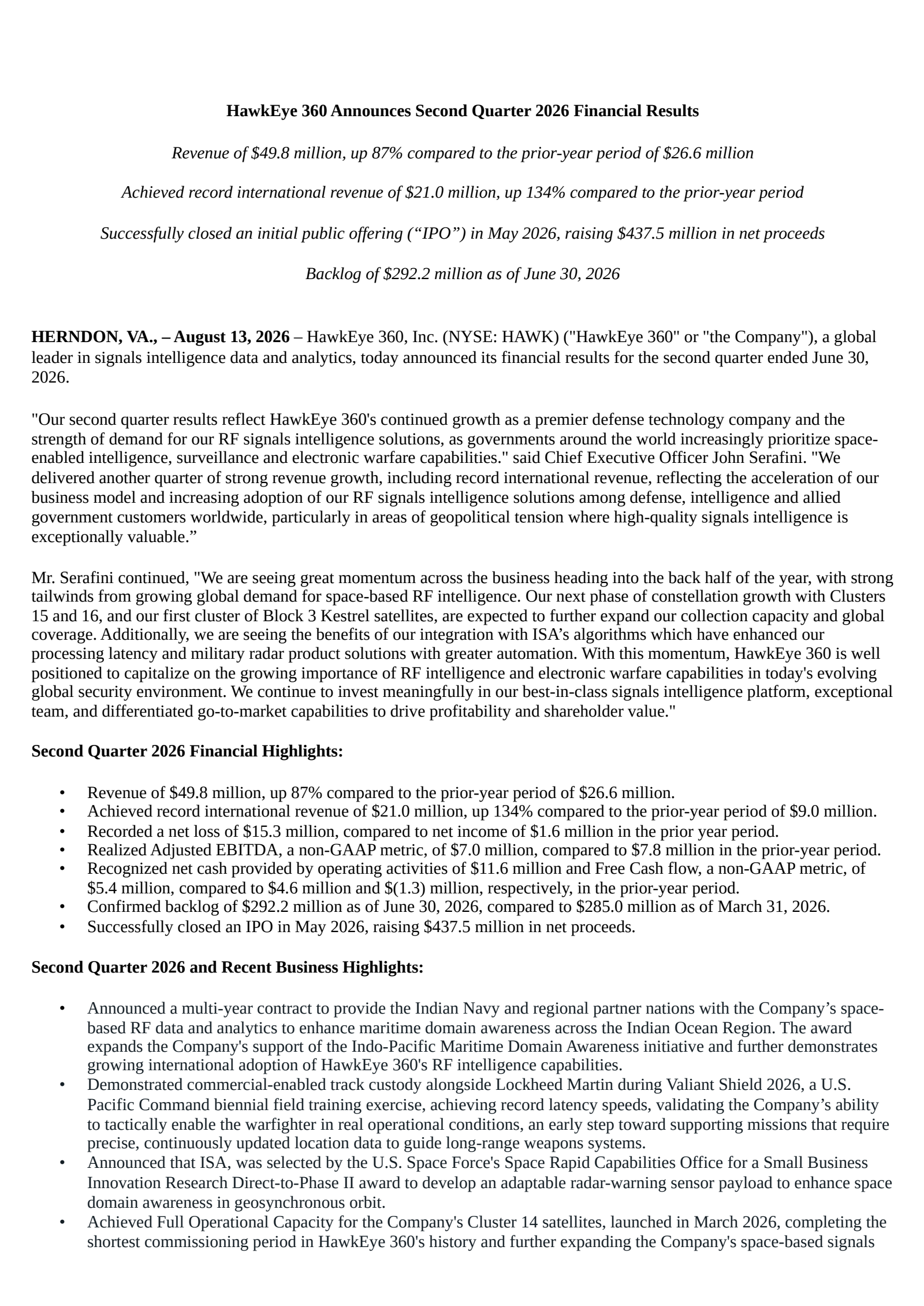 HawkEye 360's Q2 2026 Press Release
