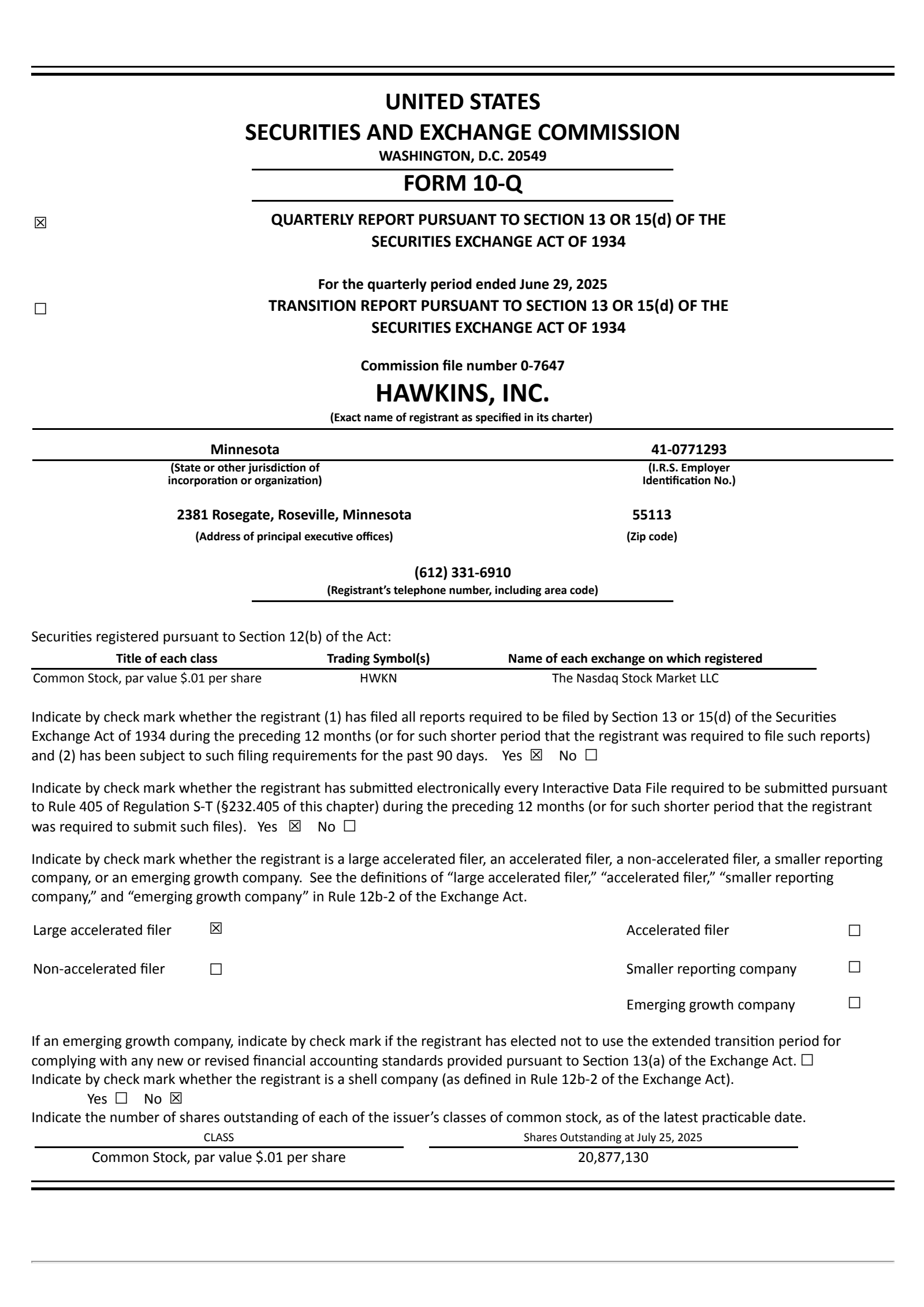 Hawkins' Q1 2026 Quarterly report