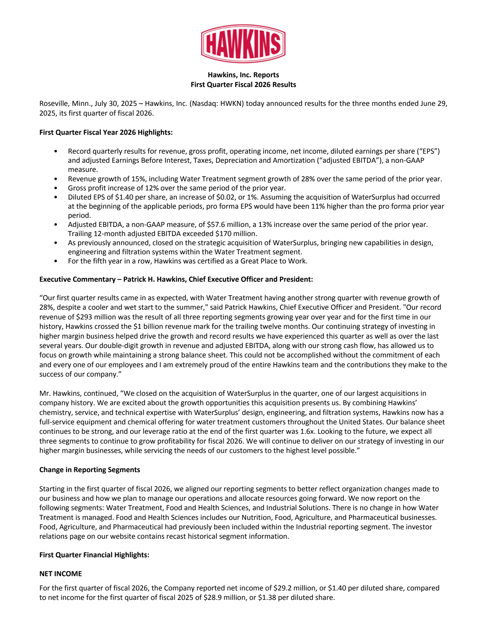 Hawkins' Q1 2026 Press Release