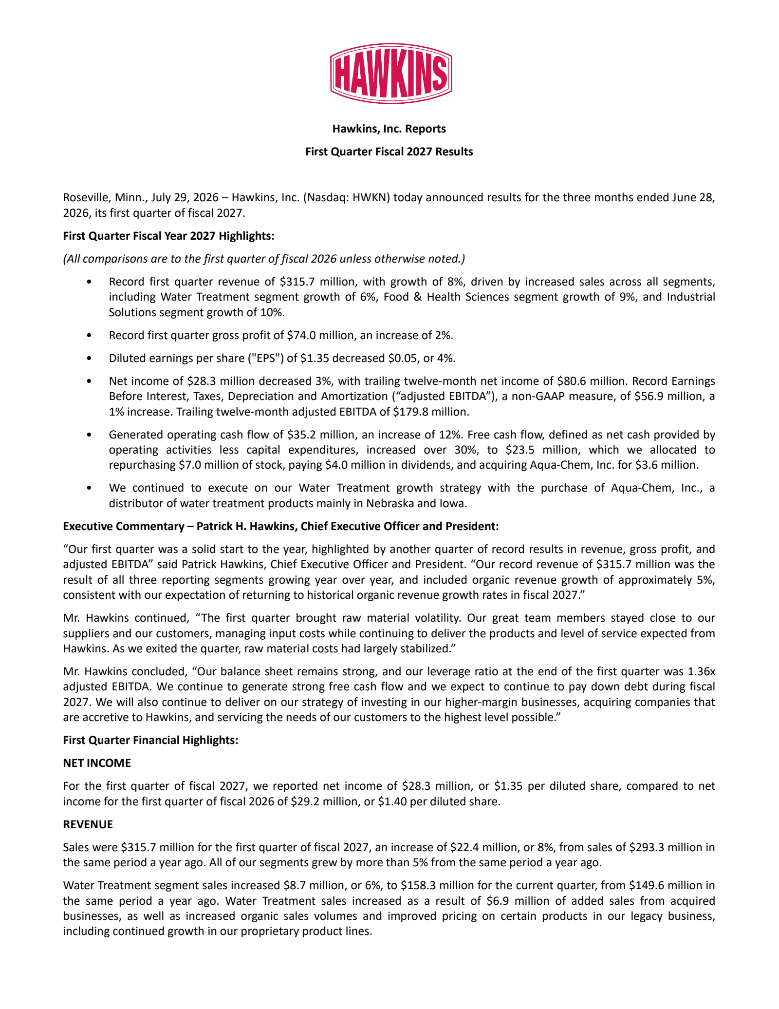 Hawkins' Q1 2027 Press Release
