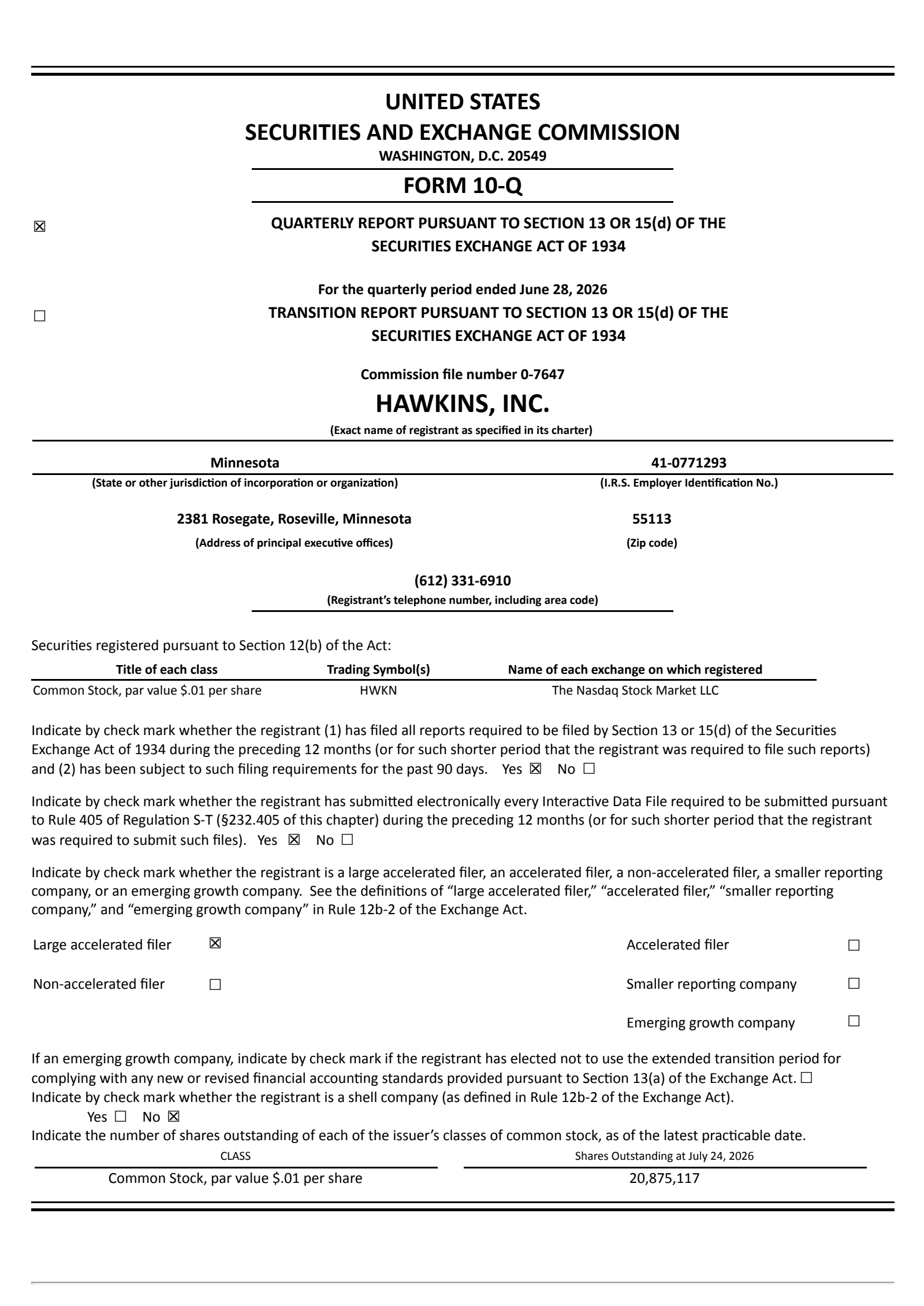 Hawkins' Q1 2027 Quarterly report
