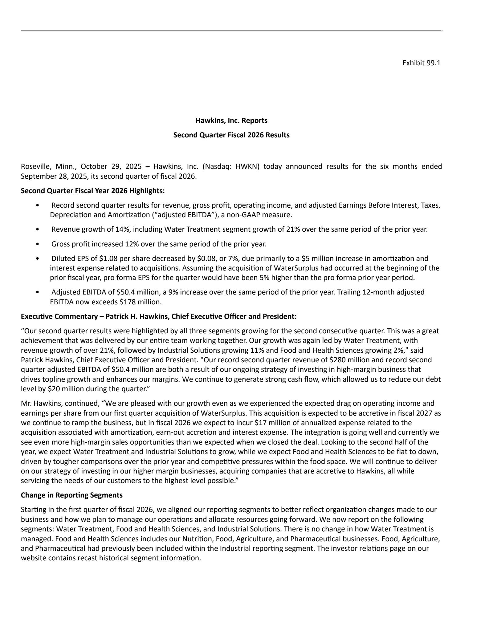Hawkins' Q2 2026 Earnings Release