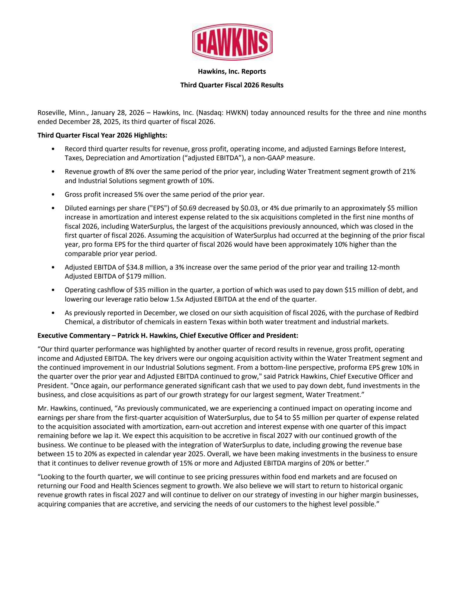 Hawkins' Q3 2026 Press Release
