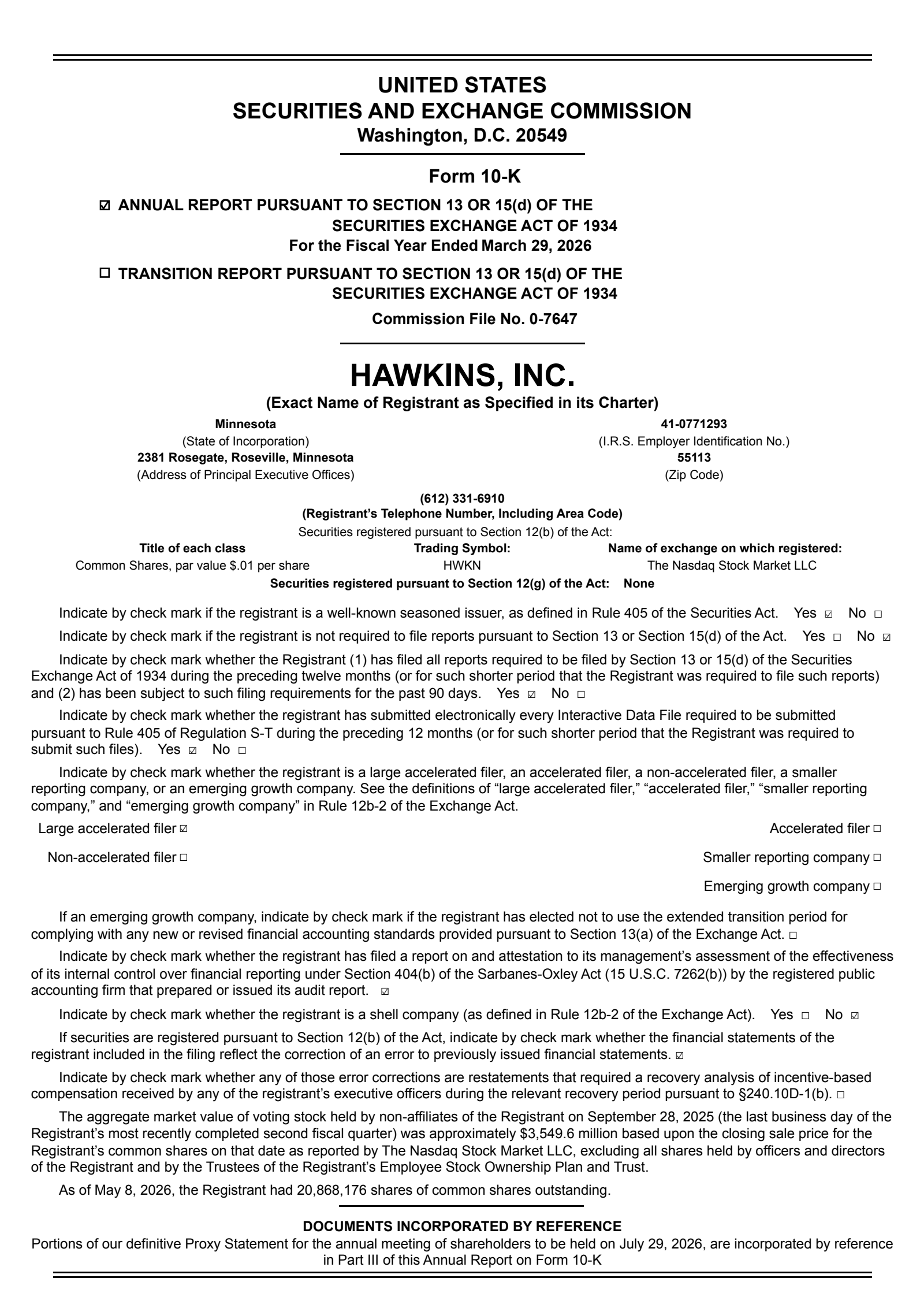 Hawkins' Q4 2026 Annual report