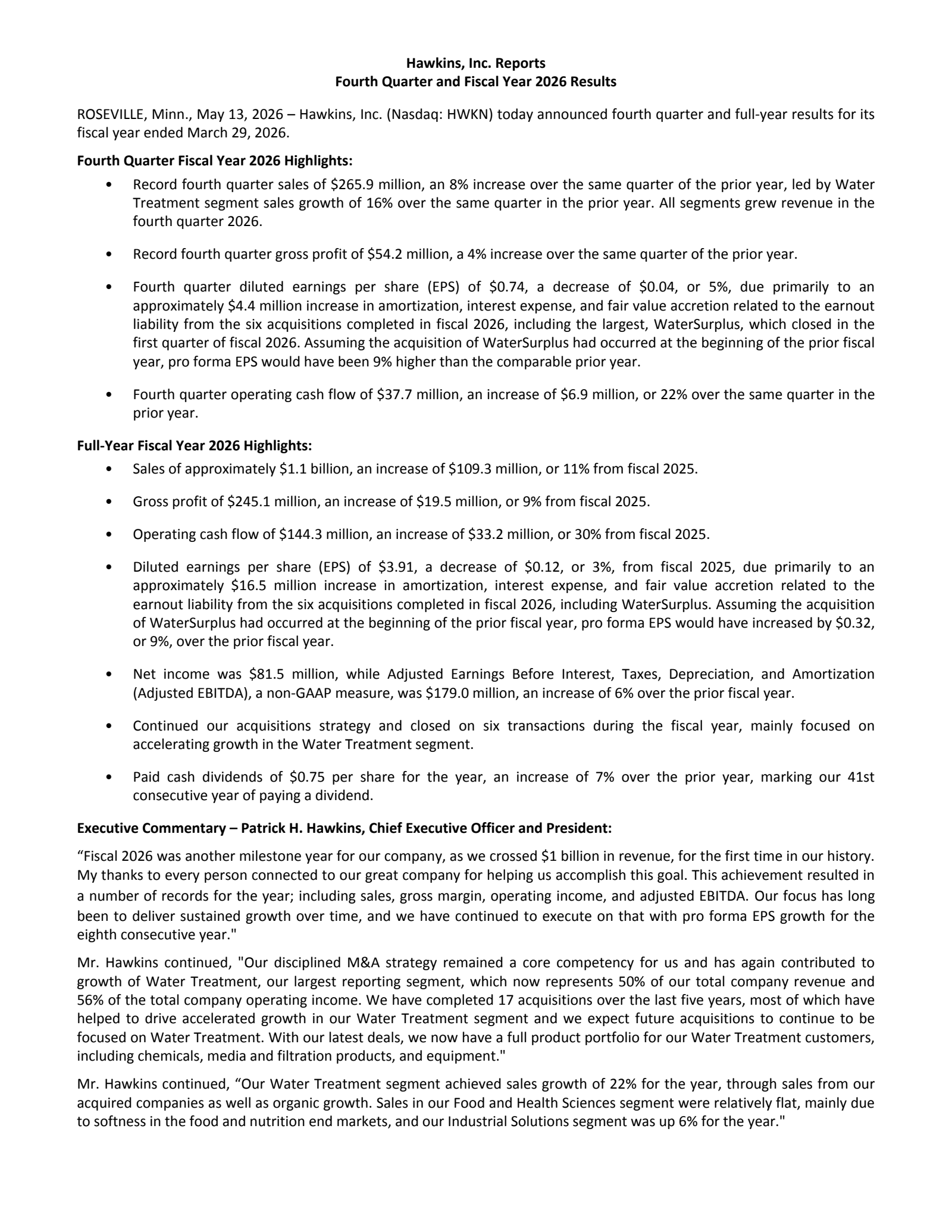 Hawkins' Q4 2026 Press Release